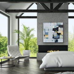 Noche de verano - pintura abstracta azul blanco beige y collage sobre panel