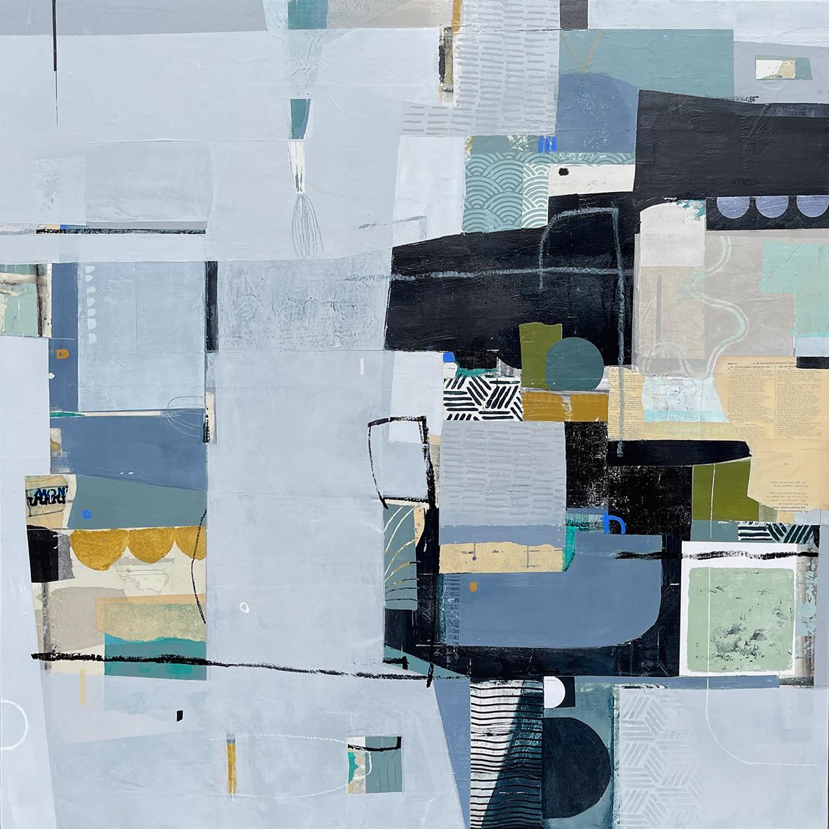 Notte di mezza estate - pittura astratta blu bianco beige e collage su pannello