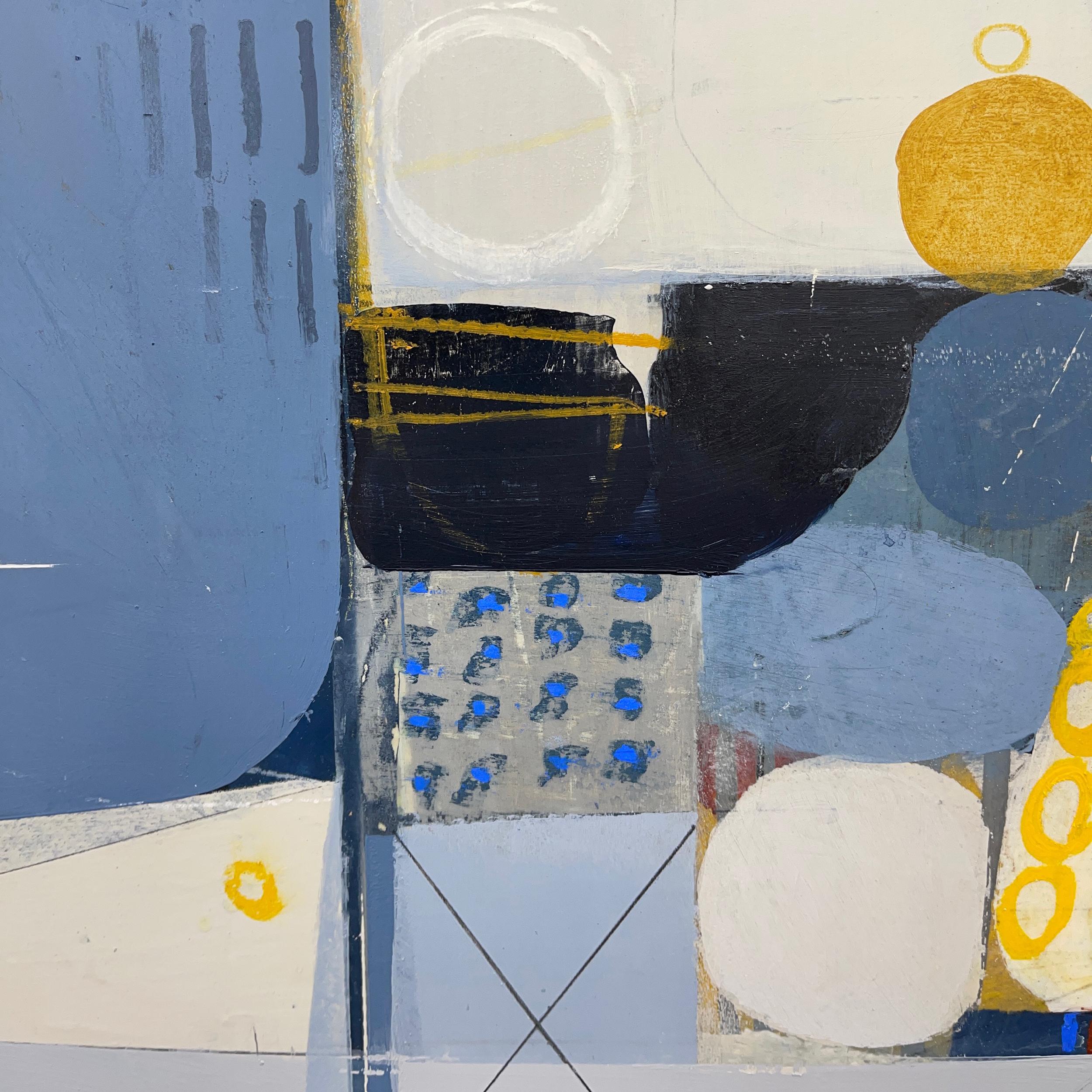 Misty Blue – abstraktes blau-weiß-beige-braunes Gemälde und Collage auf Tafel (Grau), Abstract Painting, von Deborah T. Colter