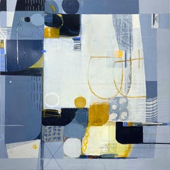 Misty Blue - abstract blue white beige brown painting and collage on panel
