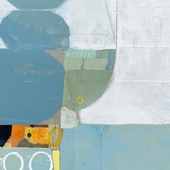 Nearly weightless - abstract blue white yellow painting and collage on panel