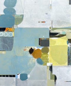 Nearly weightless - abstract blue white yellow painting and collage on panel
