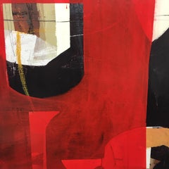 Queen of hearts - abstract red grey brown black painting and collage on panel