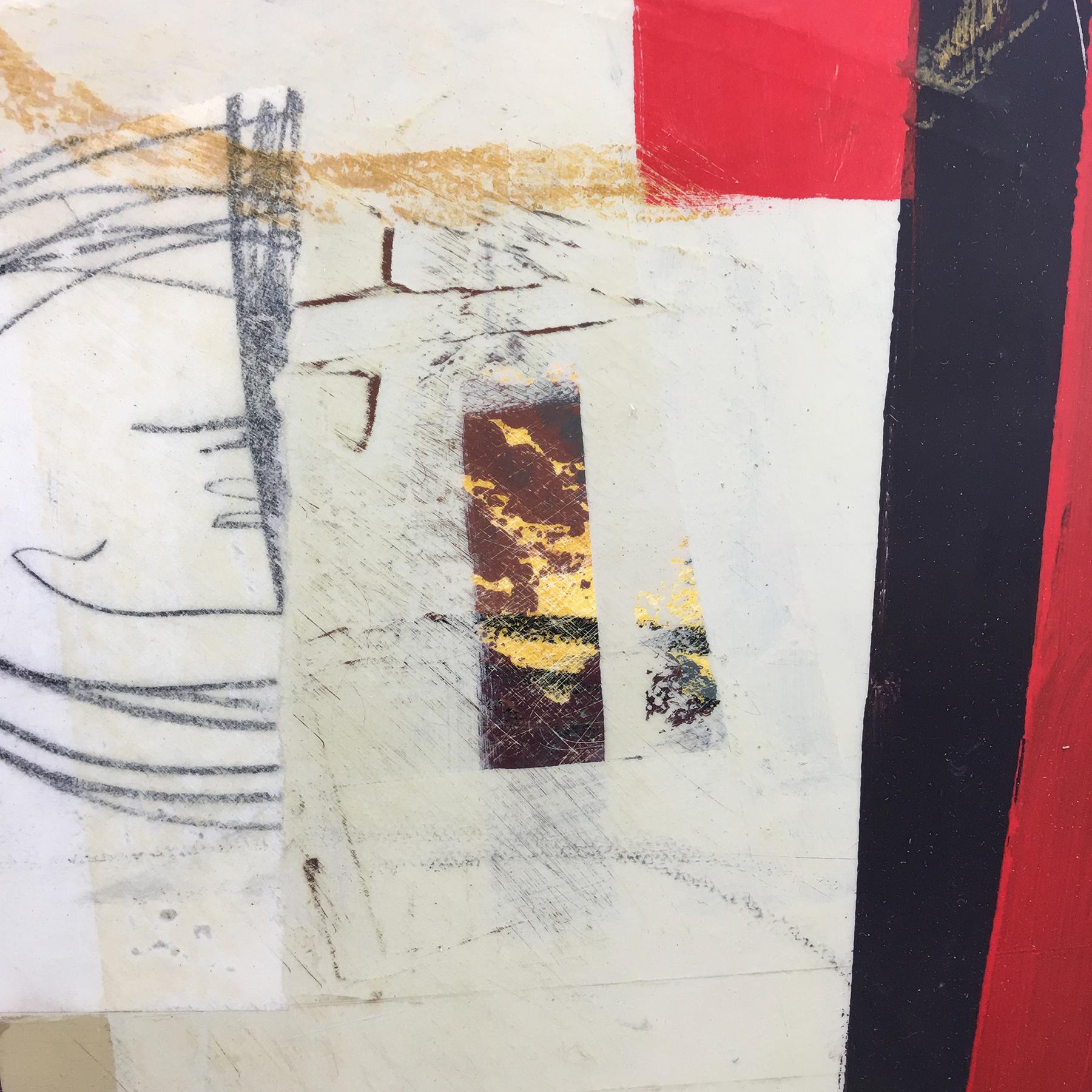 Queen of hearts - abstraktes rot-grau-braun-schwarzes Gemälde und Collage auf Tafel (Rot), Abstract Painting, von Deborah T. Colter