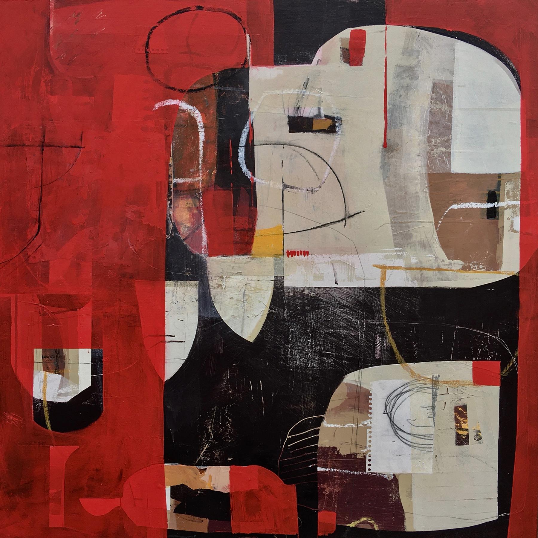 Queen of hearts - abstract red grey brown black painting and collage on panel