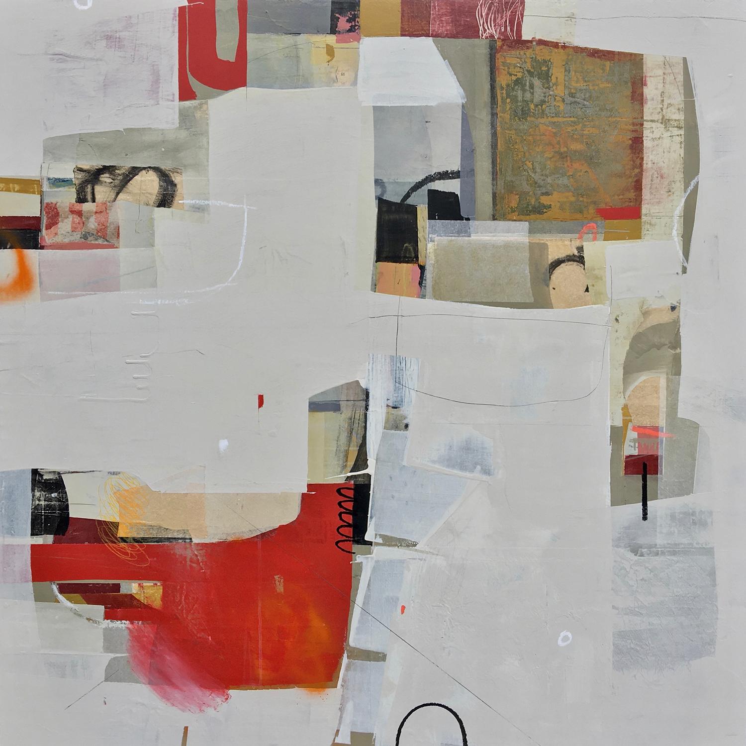 Deborah T. Colter Abstract Painting - Then We Danced- abstract textural white red beige painting and collage on panel