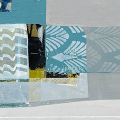 To and From - pintura abstracta azul blanco beige y collage sobre panel