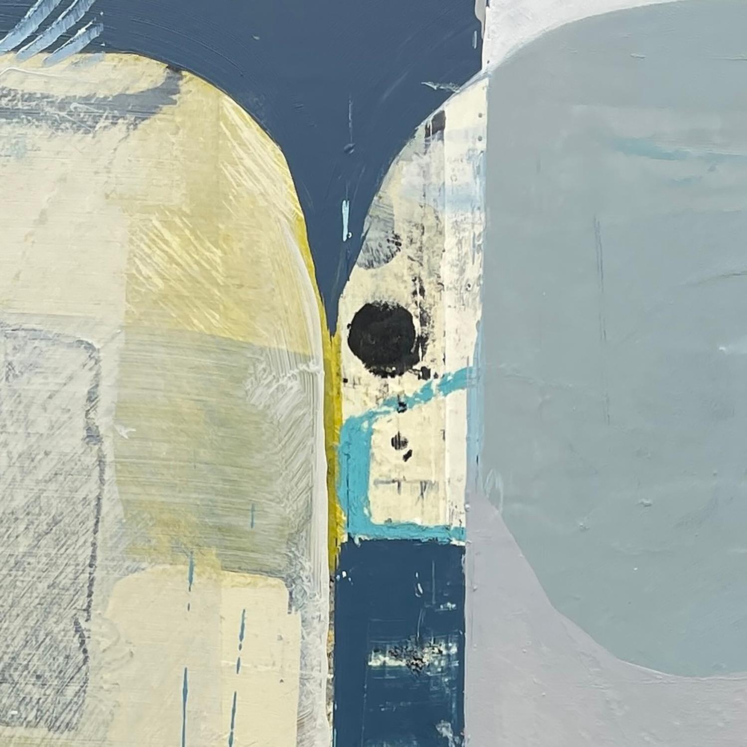 To and From – abstraktes blau-weiß-beigefarbenes Gemälde und Collage auf Tafel (Abstrakt), Painting, von Deborah T. Colter