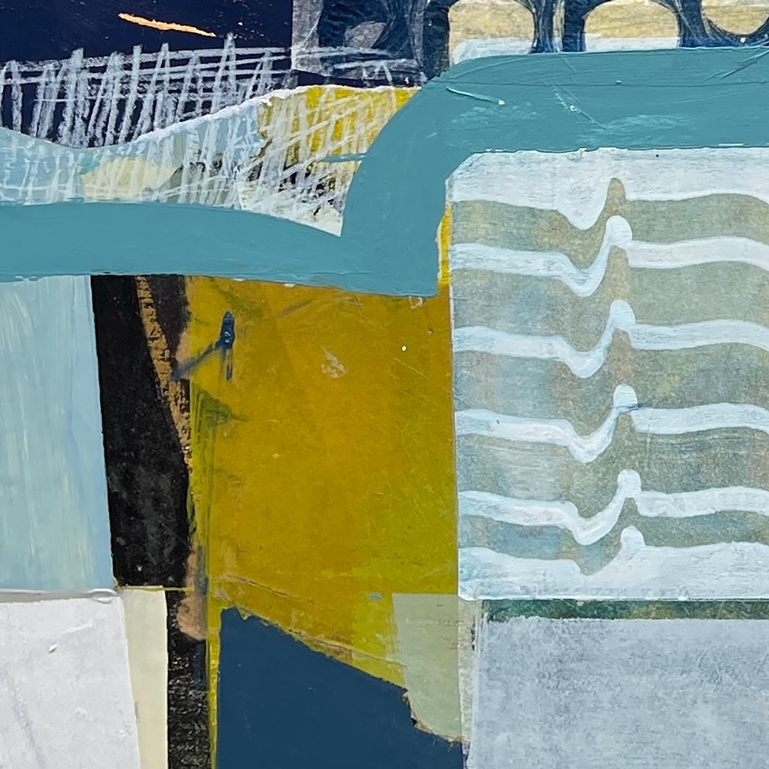 To and From – abstraktes blau-weiß-beigefarbenes Gemälde und Collage auf Tafel (Grau), Abstract Painting, von Deborah T. Colter