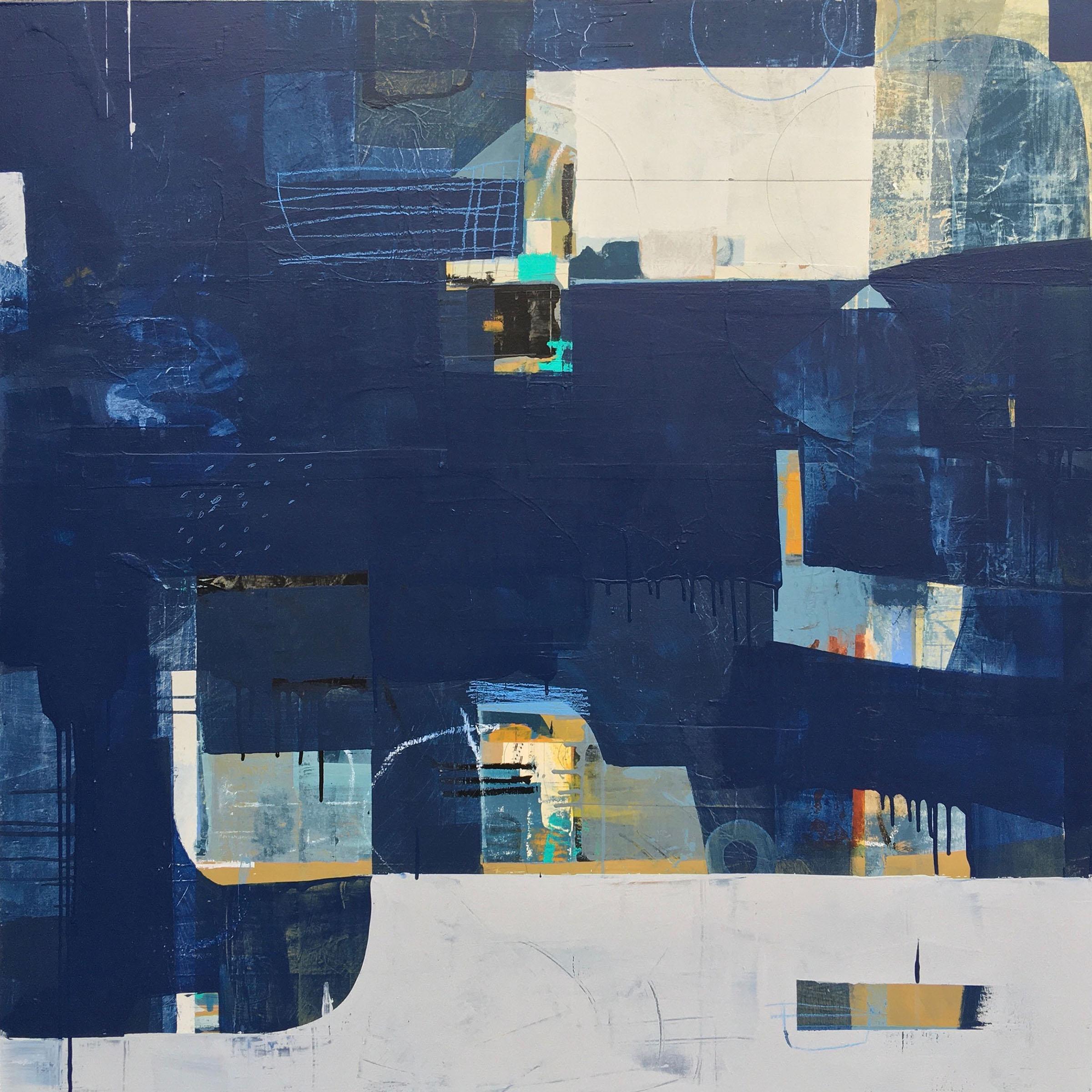 Underwater- abstract textural white blue painting and collage on panel