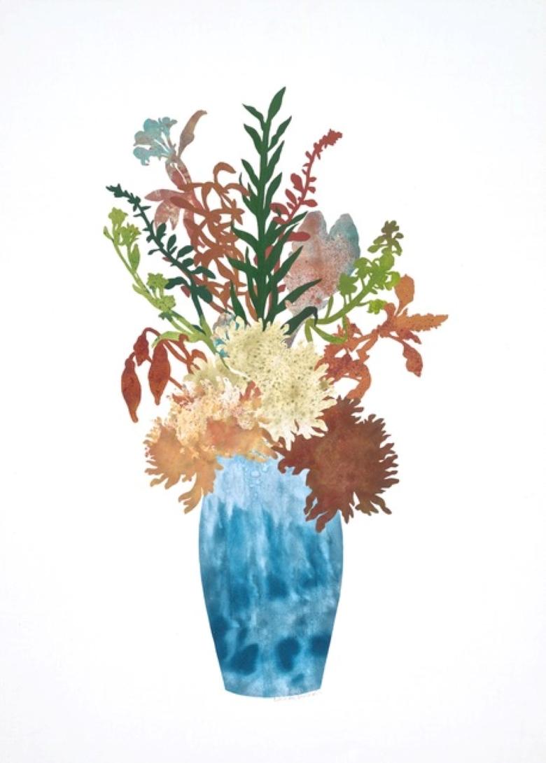 Grandes fleurs n° 7, œuvre d'art botanique, bleue, collage, œuvre sur papier, florale, encadrée - Painting de Deborah Weiss
