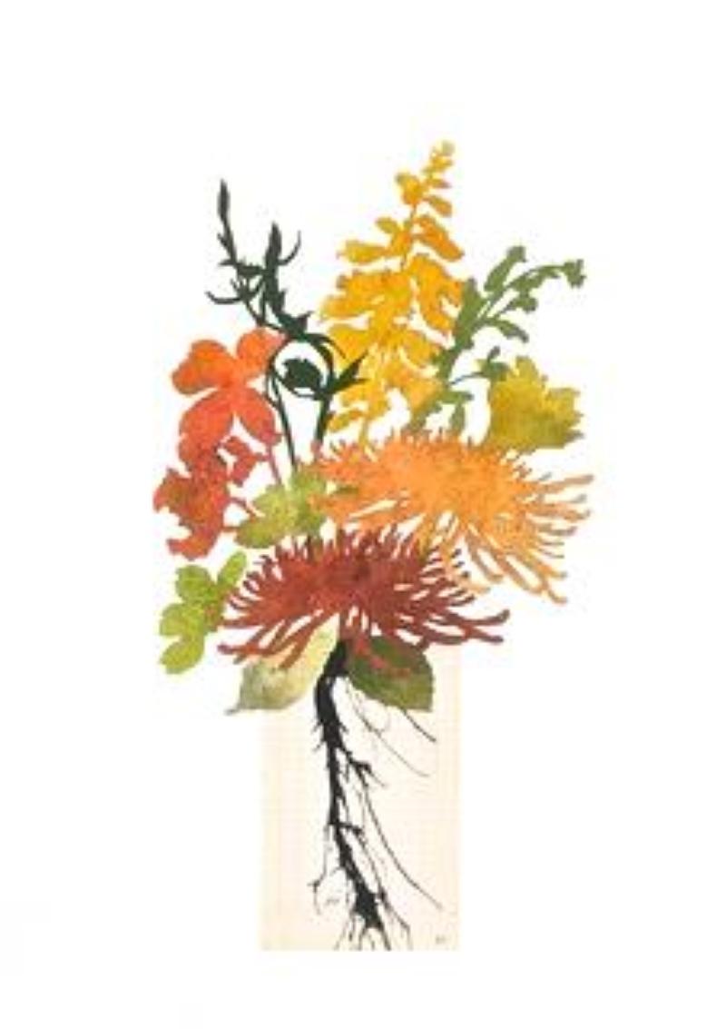 Blooms + Stems LC2023  Botanical, Collage, œuvre sur papier, Floral, Vintage