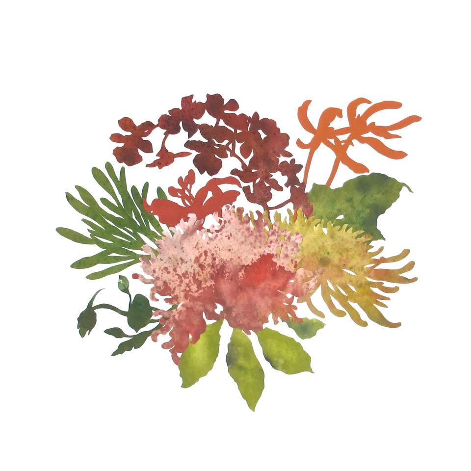 Gartenblüten Nr. 5,  botanische Kunstwerke, handgeschnittene Collage, Arbeit auf Papier, geblümt