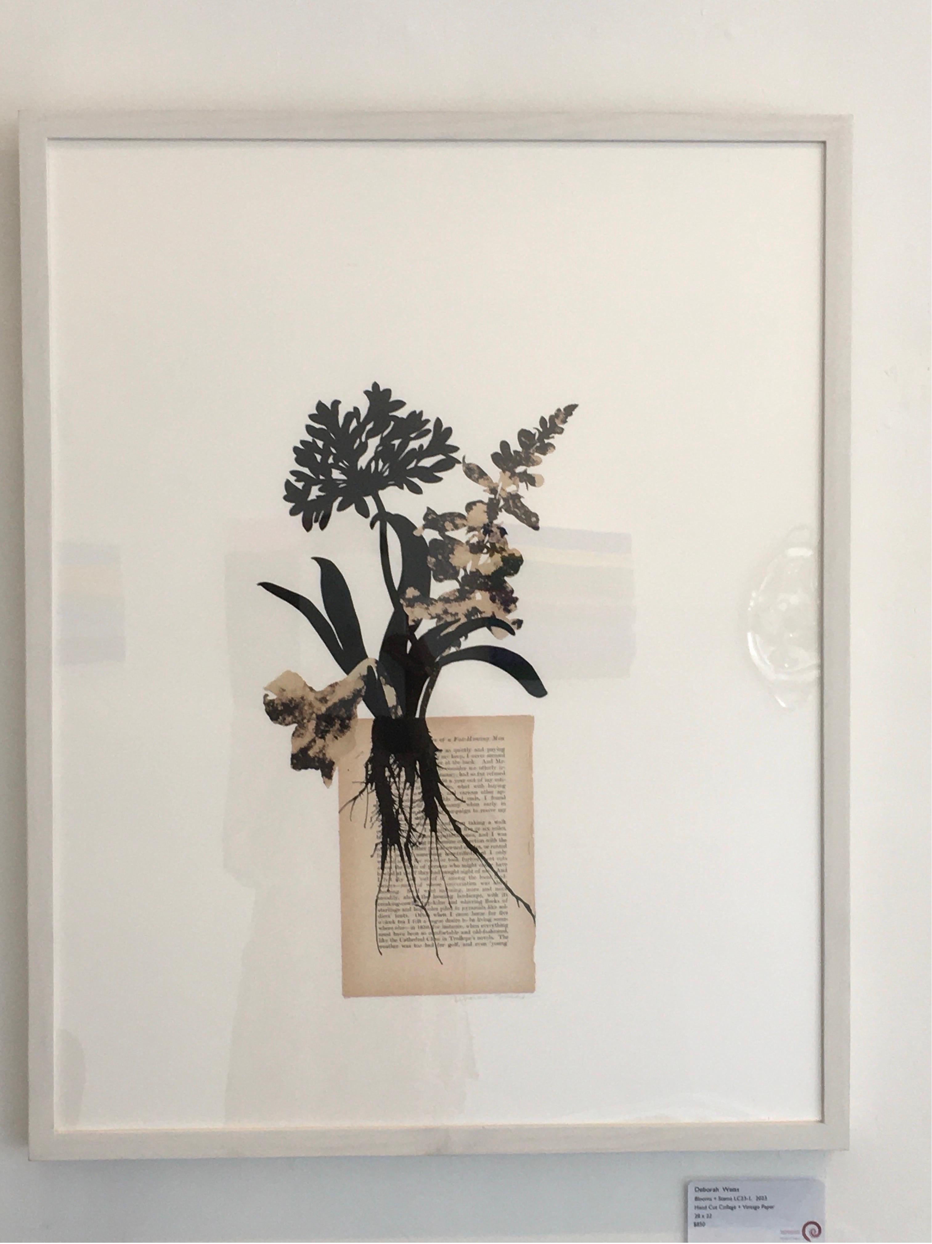 Midnight Blooms No. 6, Hand cut botanical collage with vintage paper