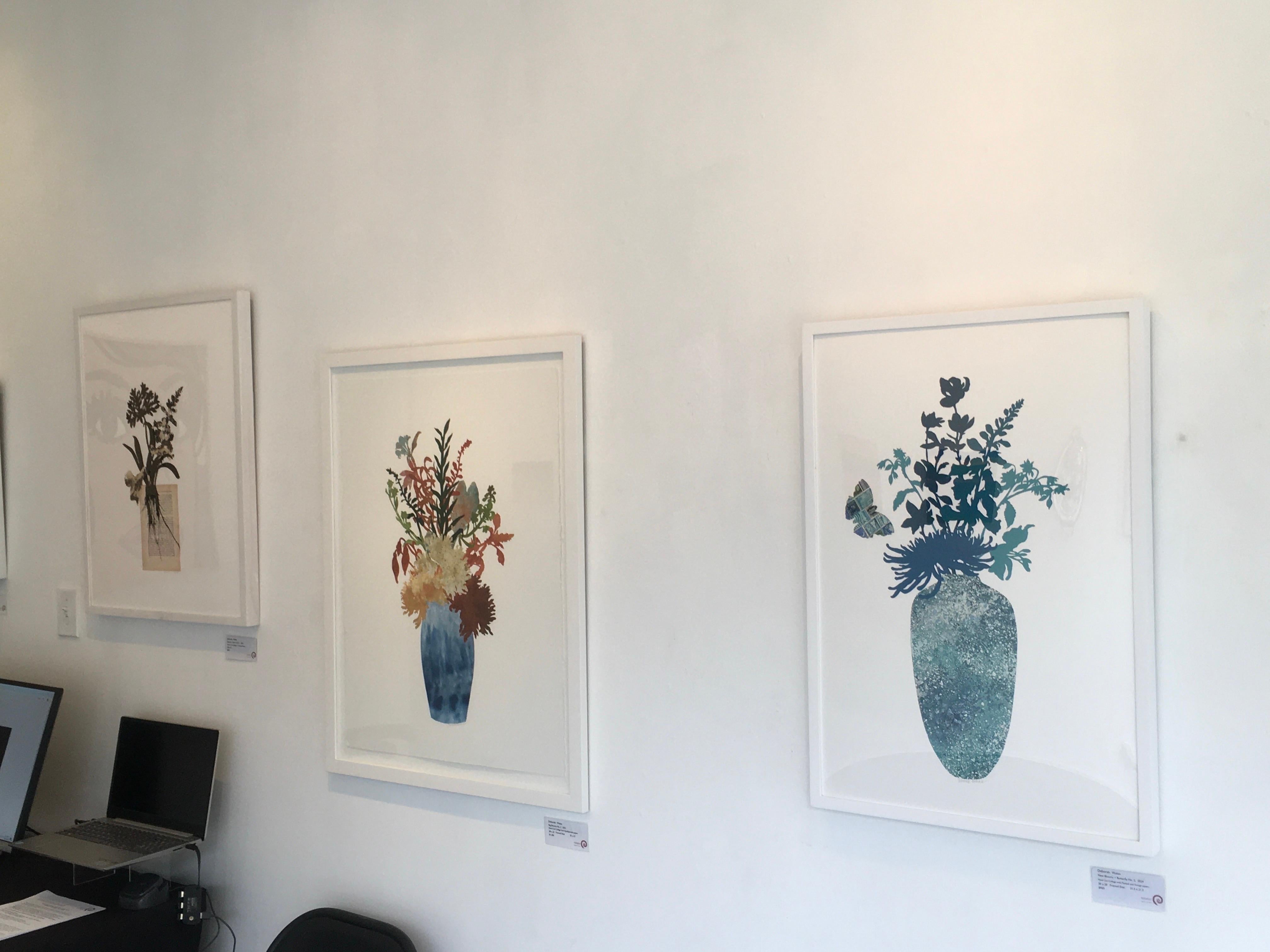 New Blooms + Butterfly No. 2, Collage découpé à la main, Tampons vintage, Fleur, Papillon - Bleu Landscape Painting par Deborah Weiss