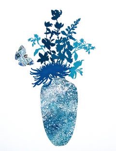 New Blooms + Butterfly No. 3, Collage découpé à la main, Tampons vintage, Fleur, Papillon