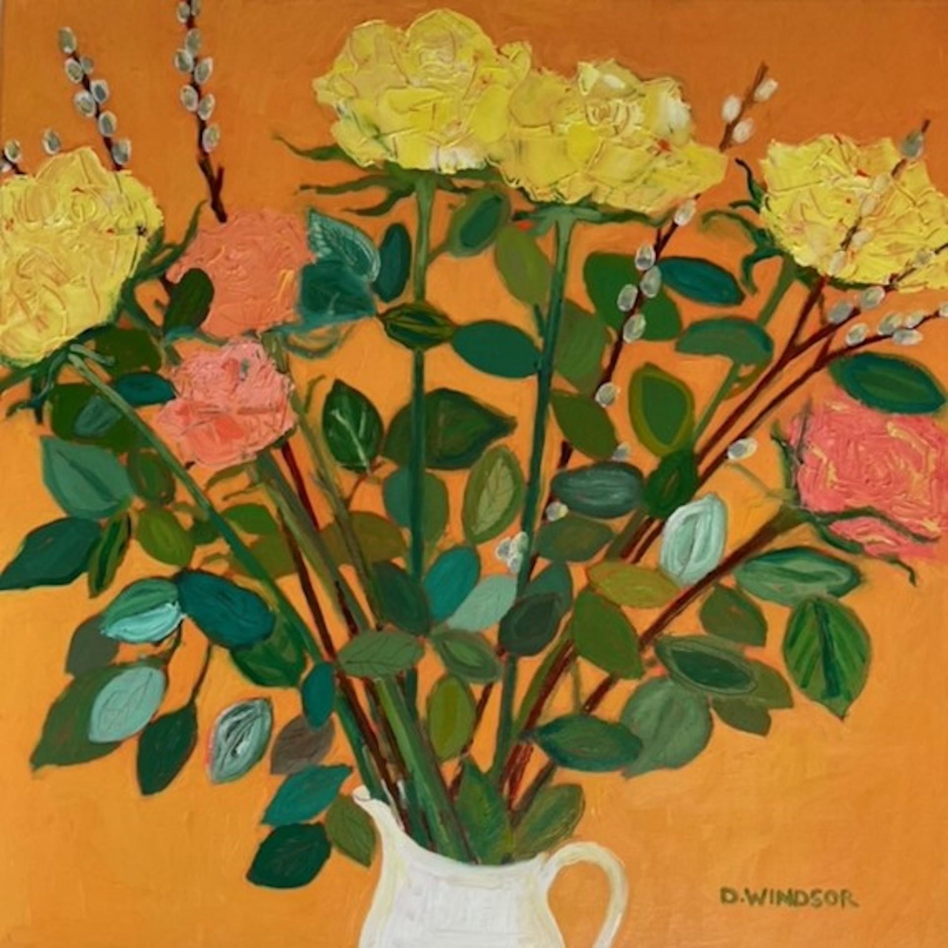 Deborah Windsor Still-Life Painting - Celebration Roses, Original Still Life Floral Painting, Bright Naïve Painting