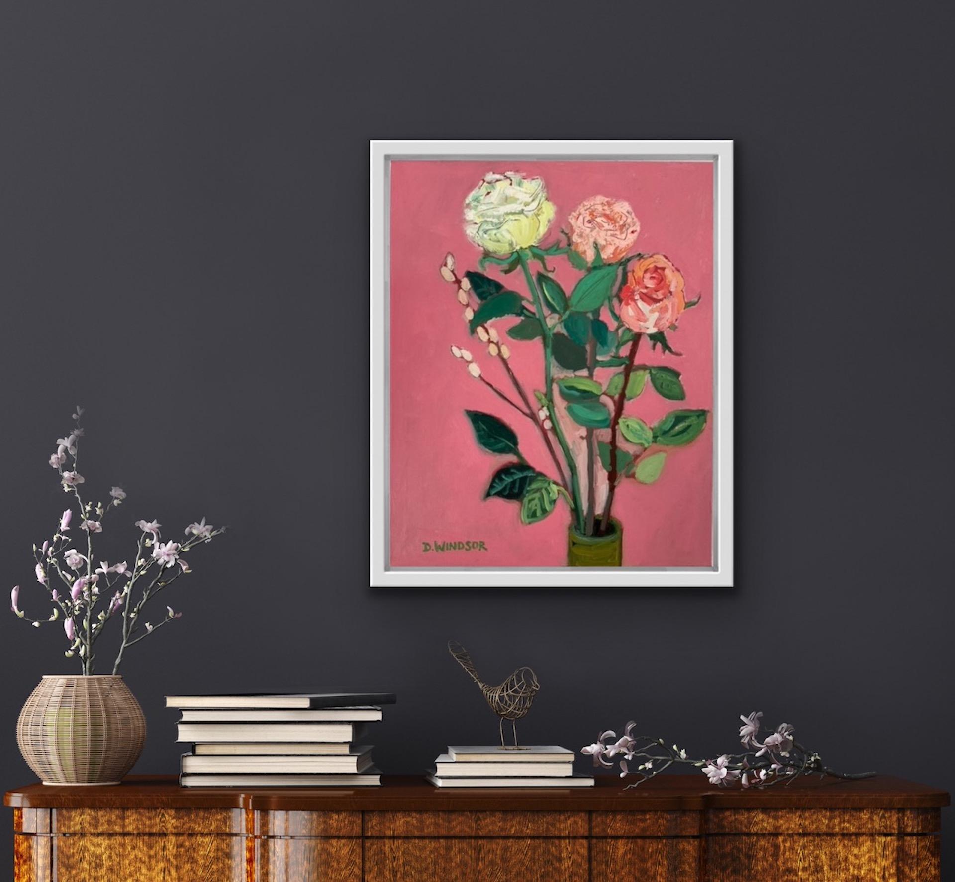 Deborah Windsor, Roses on a Pink Background, Still Life Art, Original Painting For Sale 6