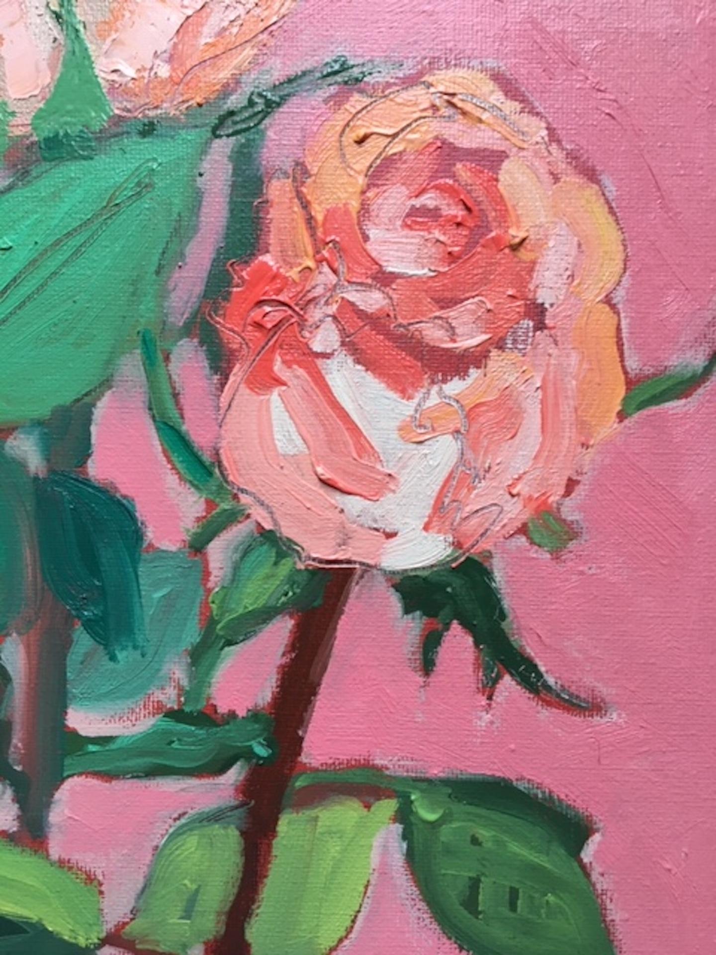 Deborah Windsor, Rosen auf rosafarbenem Hintergrund, Stillleben-Kunst, Originalgemälde im Angebot 1