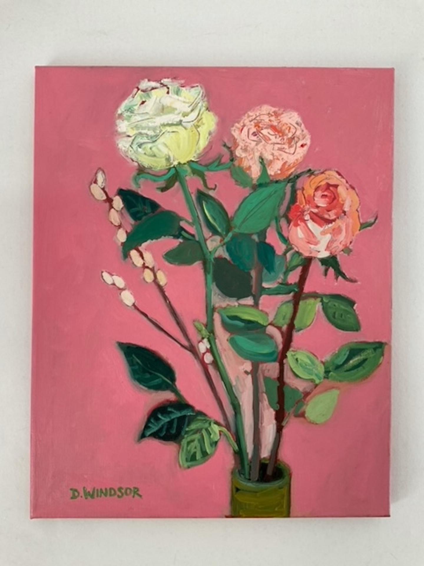 Deborah Windsor, Roses on a Pink Background, Still Life Art, Original Painting For Sale 1