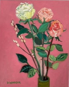 Deborah Windsor, Roses on a Pink Background, Still Life Art, Original Painting