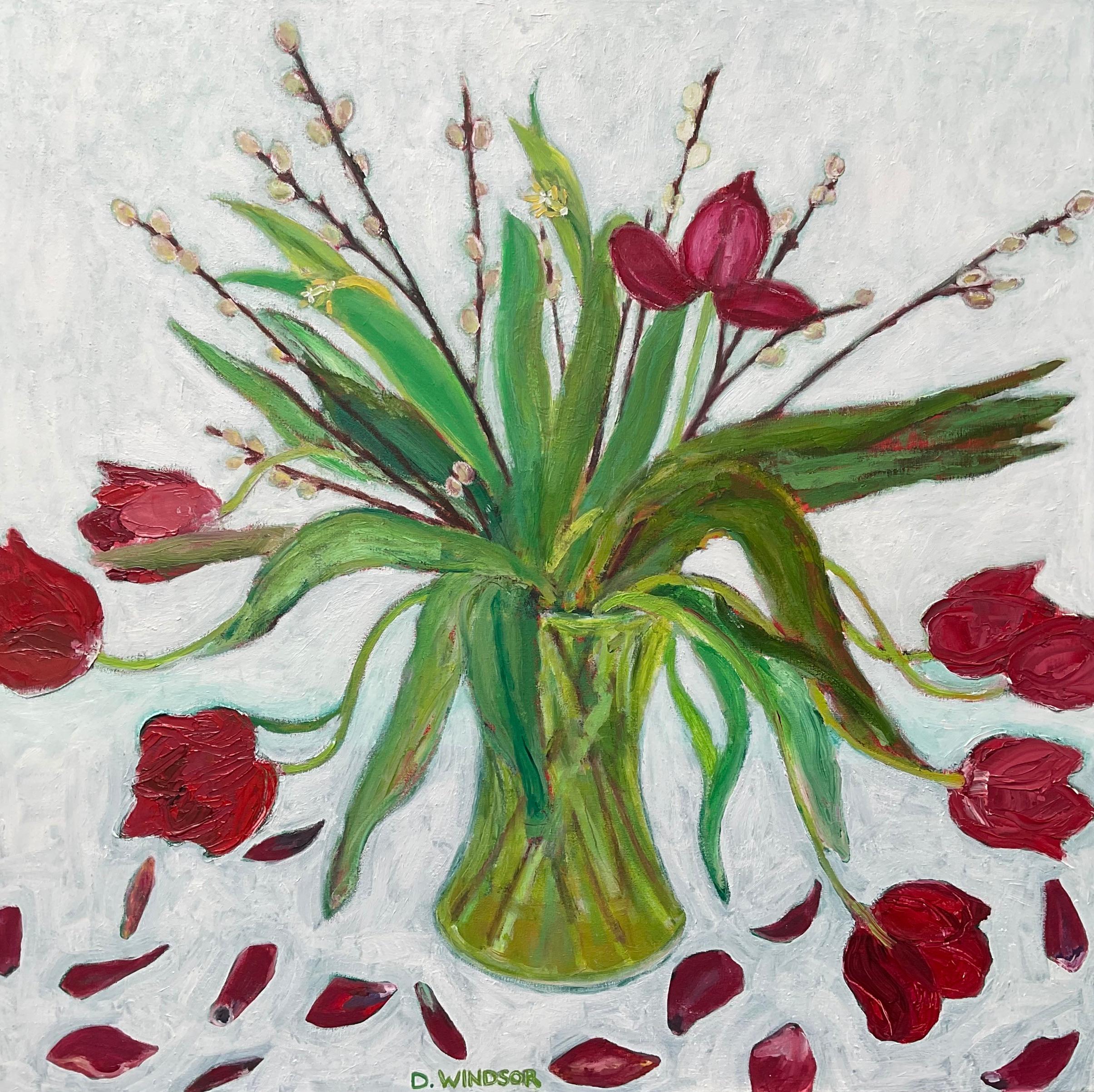 Fallende Blütenblätter (Grau), Still-Life Painting, von Deborah Windsor