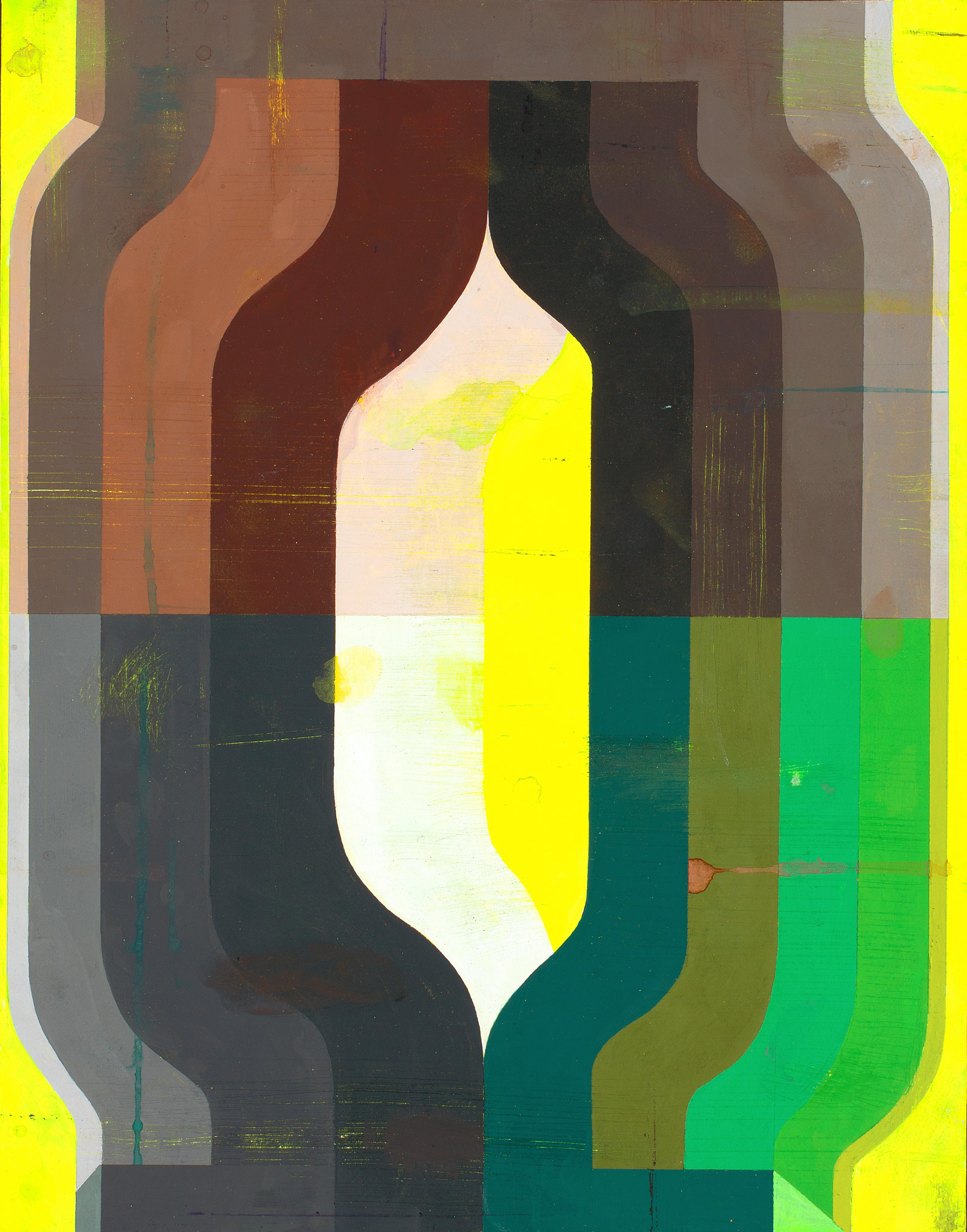 Deborah Zlotsky
Vuit, 2018
Gouache on paper
11 x 14 in.

This original abstract gouache painting on paper is simultaneously painterly and geometric, composed of bold shapes in various shades of yellow, green, brown, and gray.  The juxtaposition of