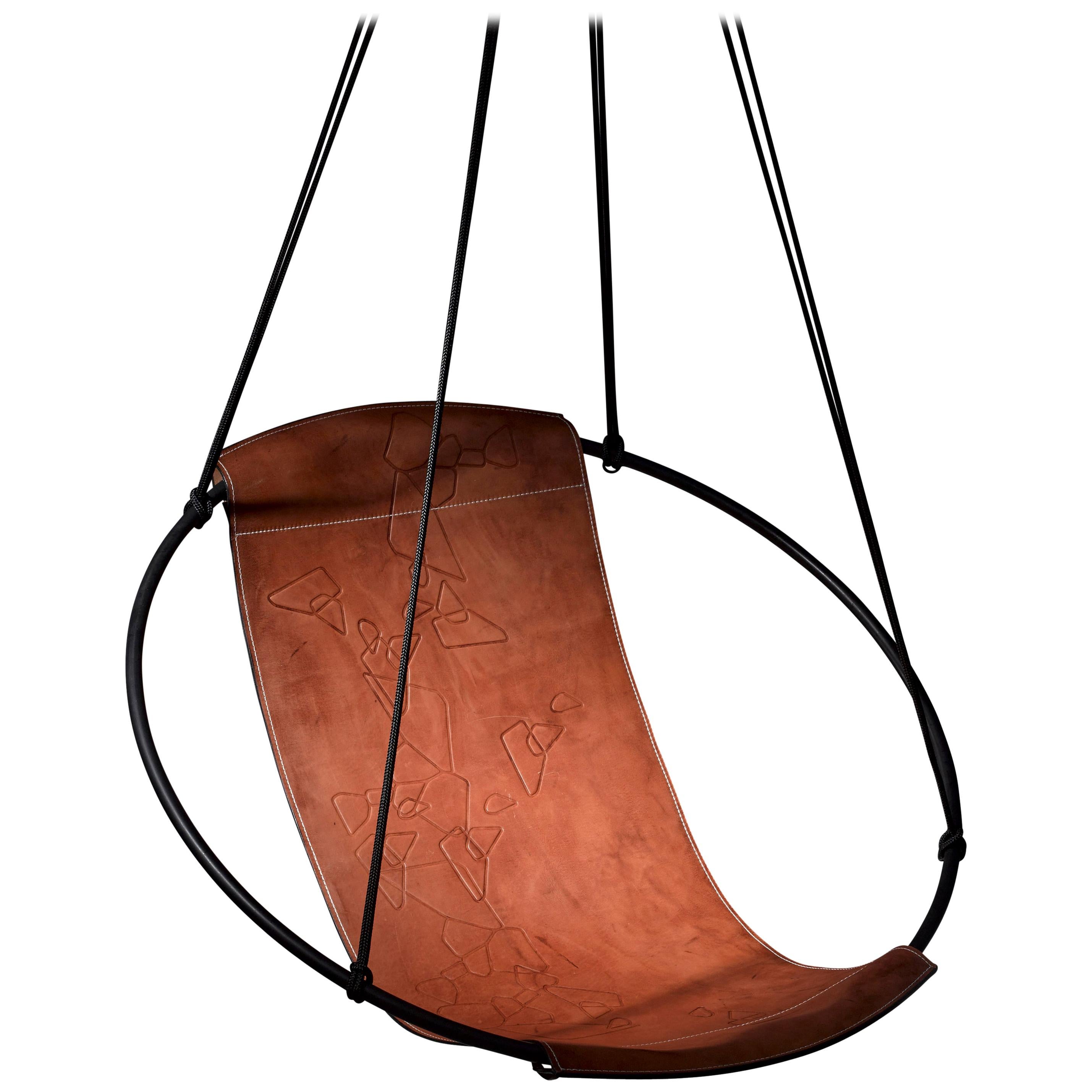 Debossed Geometric Sling Hanging Swing Chair Genuine Leather 21st Century Modern For Sale