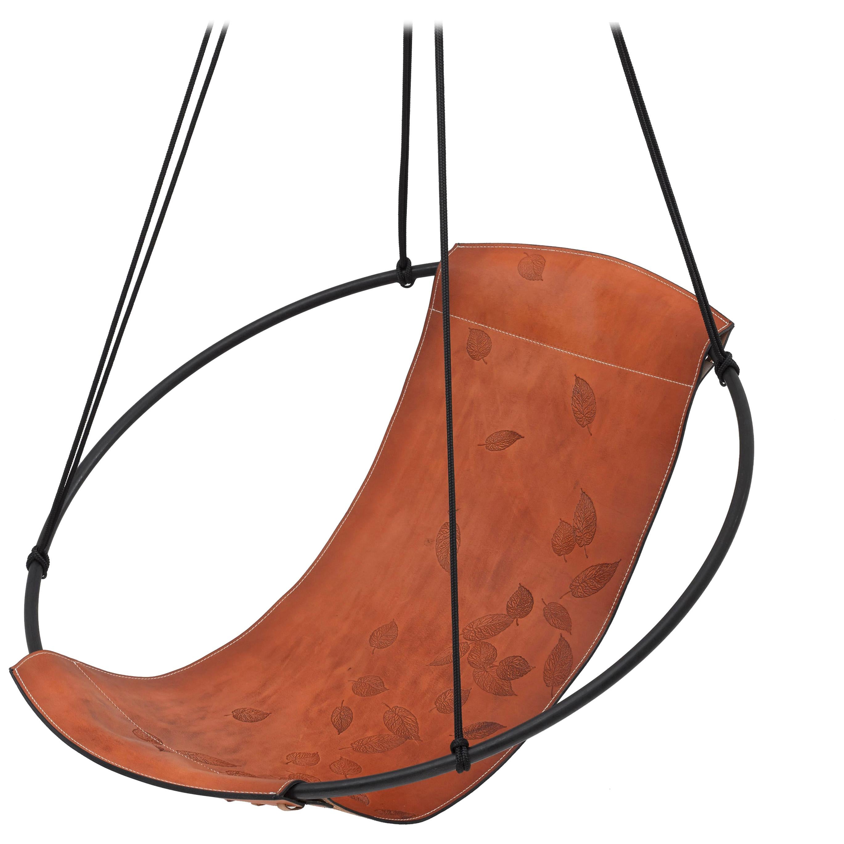 Debossed Leaf Sling Hanging Swing Chair Genuine Leather 21st Century Modern