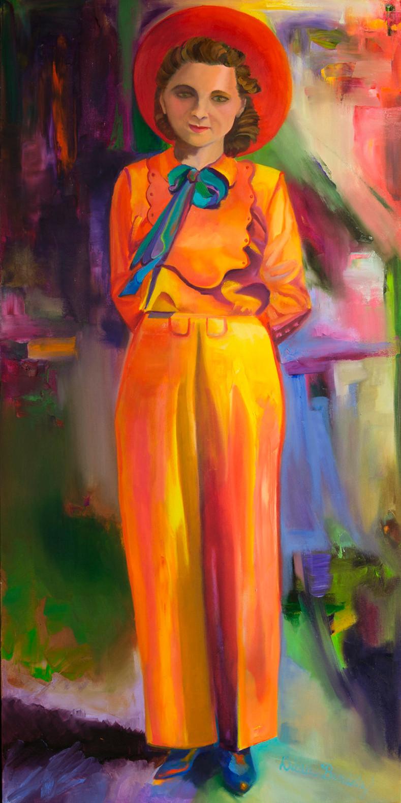 Debra Benditz Figurative Painting - "HIGH PLAINS BLOSSOM" COWGIRL WESTERN BRILLIANT COLORS TEXAS ARTIST