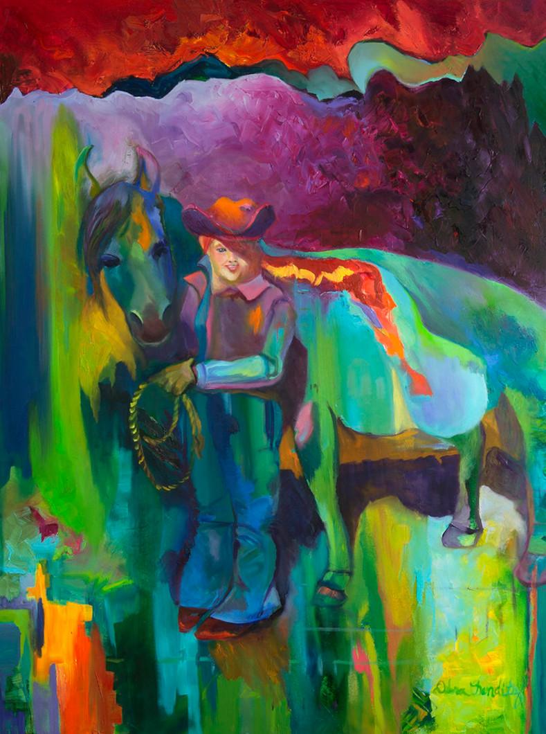 Debra Benditz Figurative Painting - "RIDING AT DAWN" MODERN YET VINTAGE COWGIRL BRILLIANT COLORS