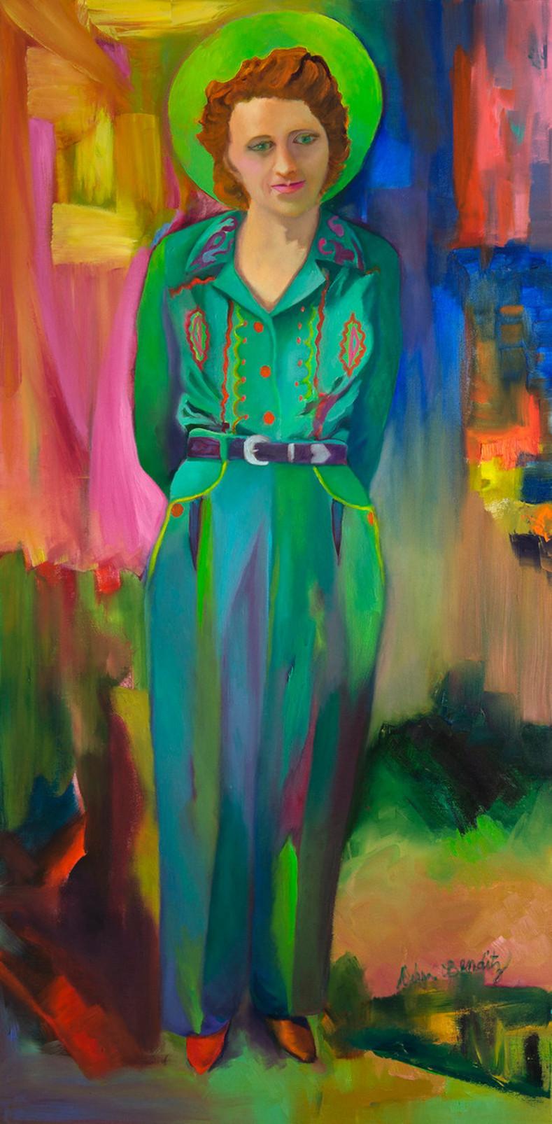 Debra Benditz Portrait Painting - "THE BELLE OF CHEYENNE" COWGIRL WESTERN BRILLIANT COLORS TEXAS ARTIST