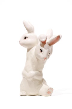 Dreiköpfige Vintage-Keramikskulptur „Rabbit Rabbit Rabbit“