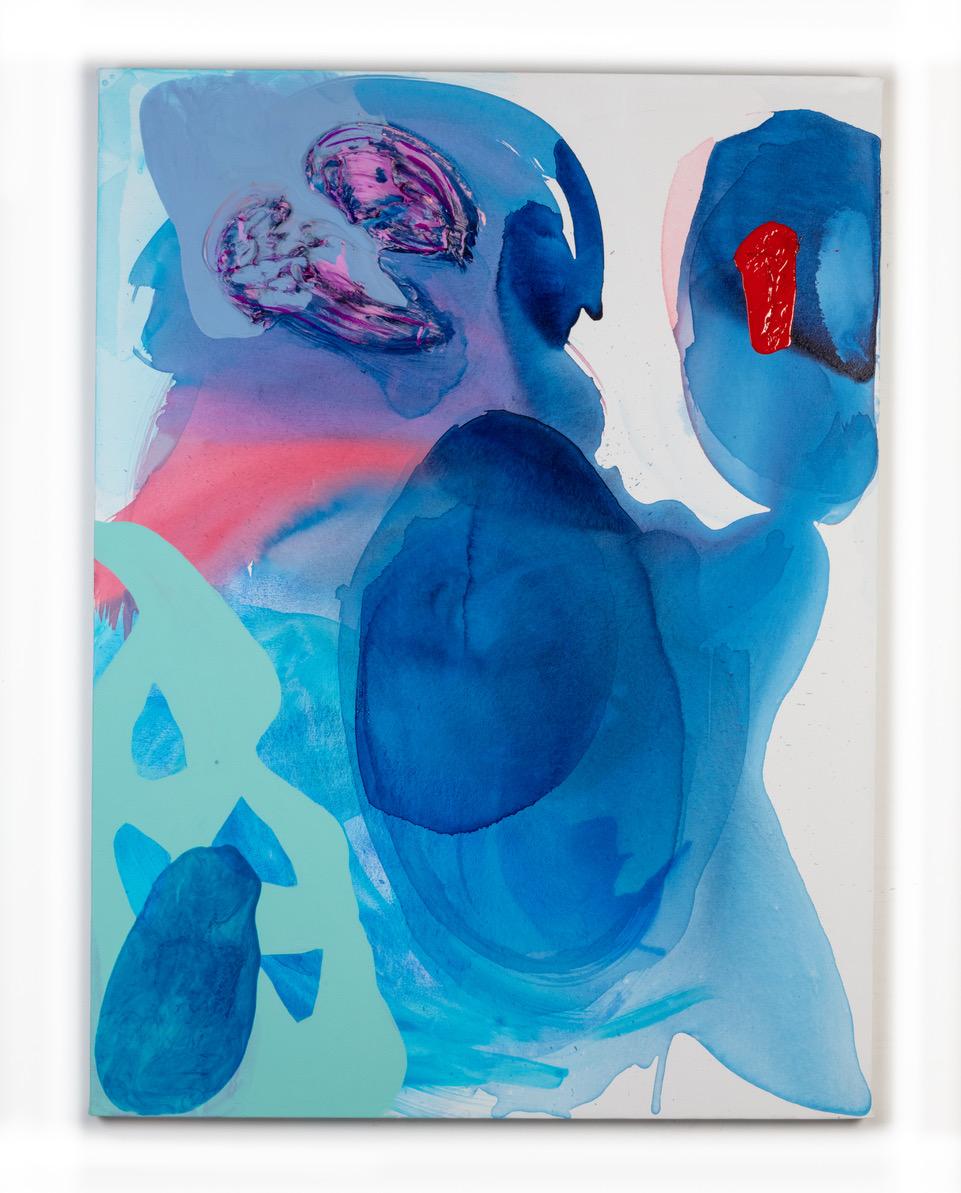 "Indigo Pool" Contemporary Abstract Painting, indigo blue, turquoise, rose red - Art by Debra Drexler