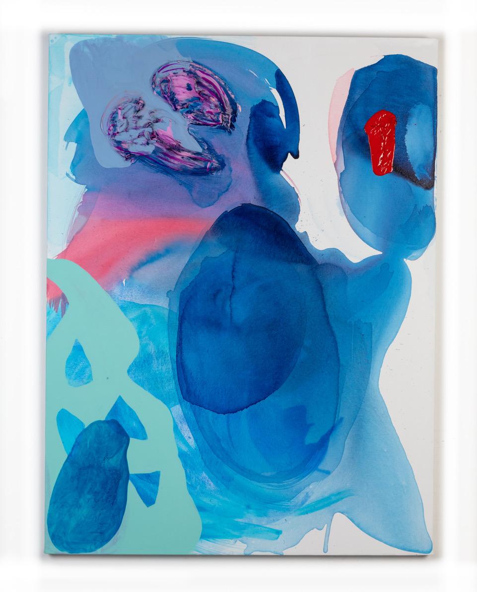 Indigo Pool Peinture abstraite contemporaine, bleu indigo, turquoise, rouge rose - Art de Debra Drexler