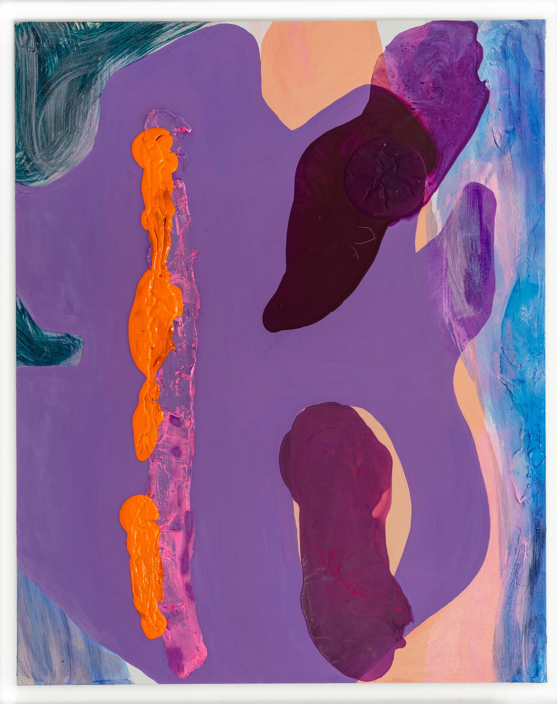 A water inspired abstract painting by New York/Hawaiian artist Debra Drexler. 60"x48" signed on reverse.  Lavender, plum, purple and violet colors overlap with peach light orange/pink forms in this large scale abstract painting.   A central impasto
