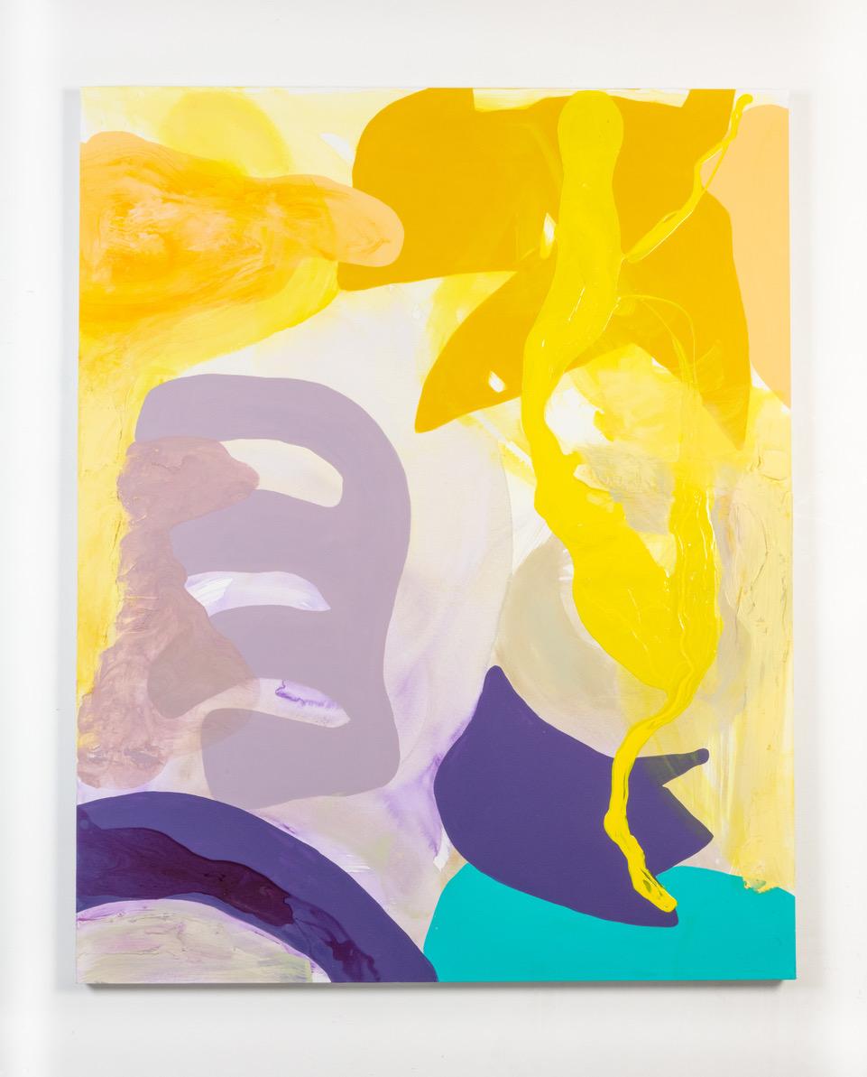 "Yellow Language" Contemporary Abstract Painting with lavender, blue and violet - Art by Debra Drexler