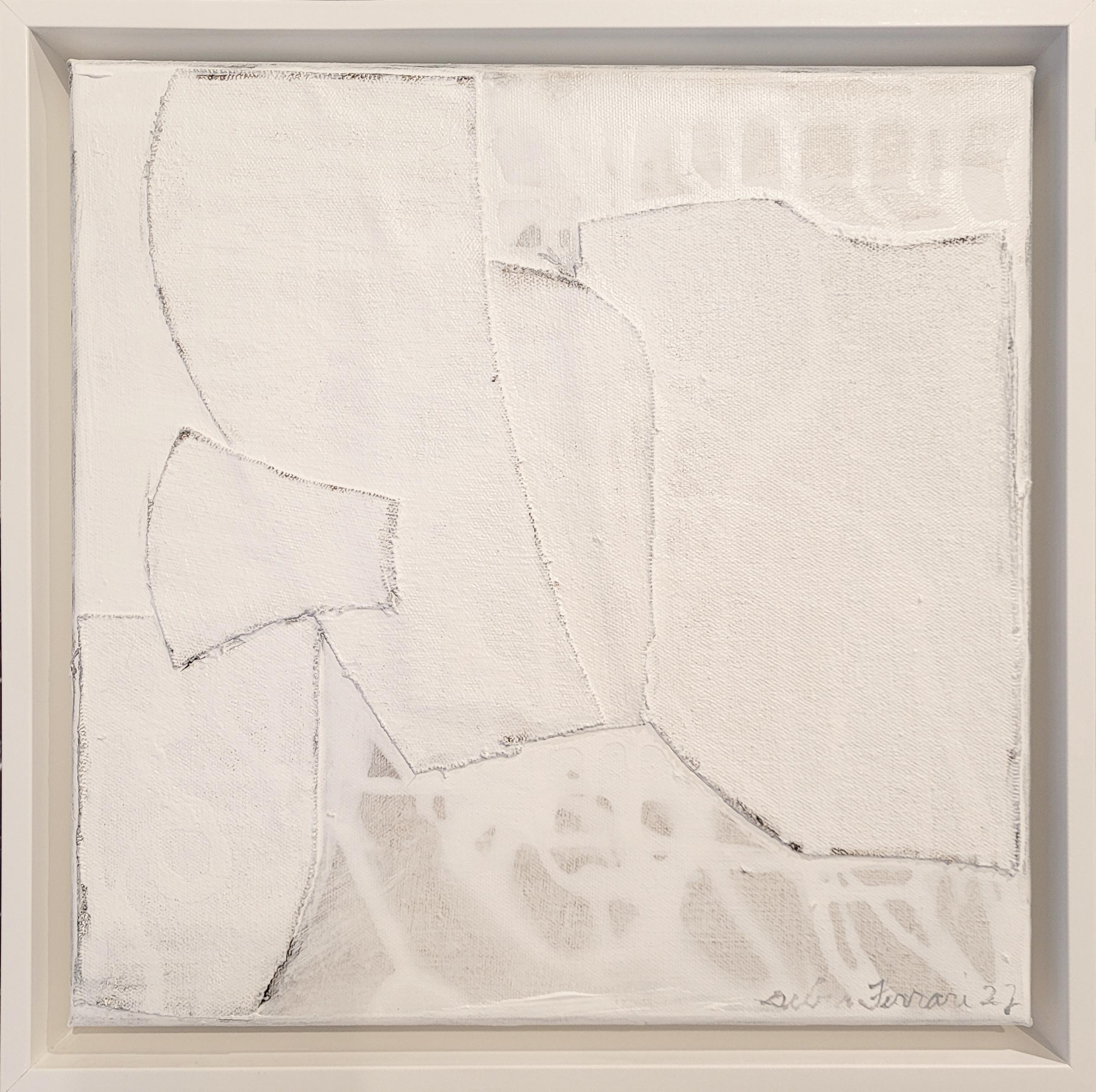 Bianco #2 is a mixed media painting on canvas by leading artist, Debra Ferrari. A neutral inspired mixed media work with layers of canvas on canvas with charcoal pencil details and layers of paint. A wonderful modern painting measuring 12” x 12” in
