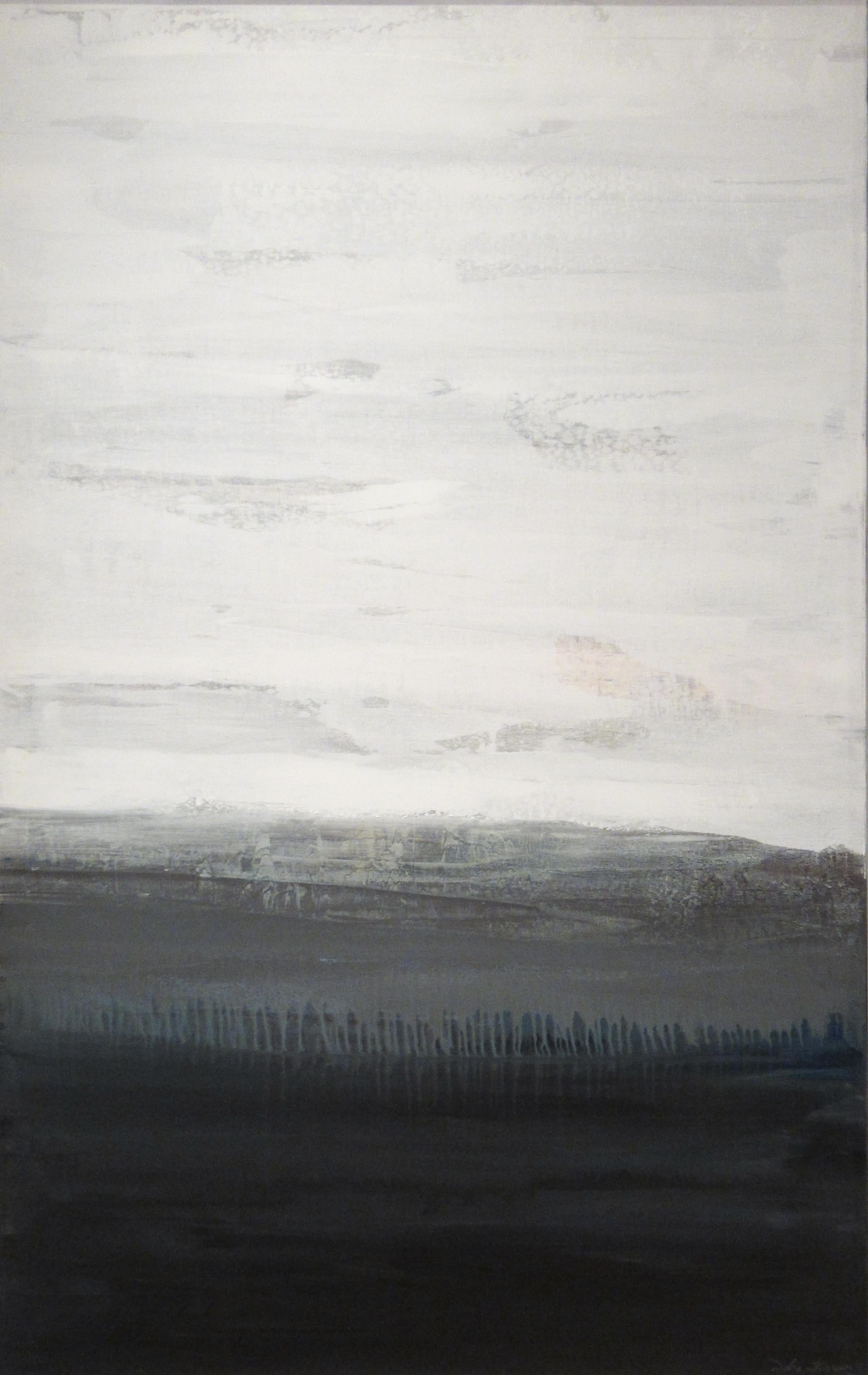 Blue Veneto is a beautiful contemporary abstract painting on canvas with layers of grays, blues, slate blue, off whites and whites. This painting is from my Atmospheric Collection where there is always a sense of a horizon.