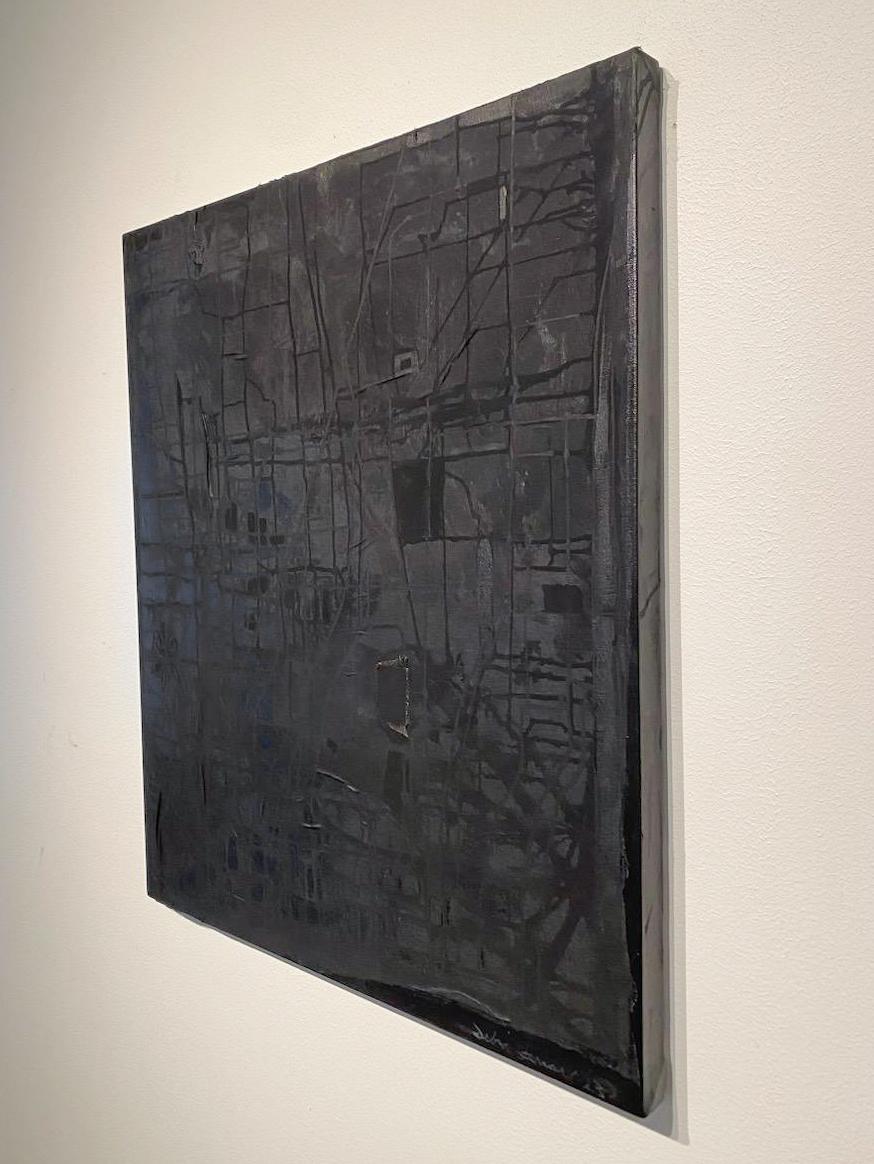 Linen #3 was created by layering black linen onto canvas with different acrylic mediums in black matte and gloss finshes and raw canvas to create a beautiful organic modern fine art piece.