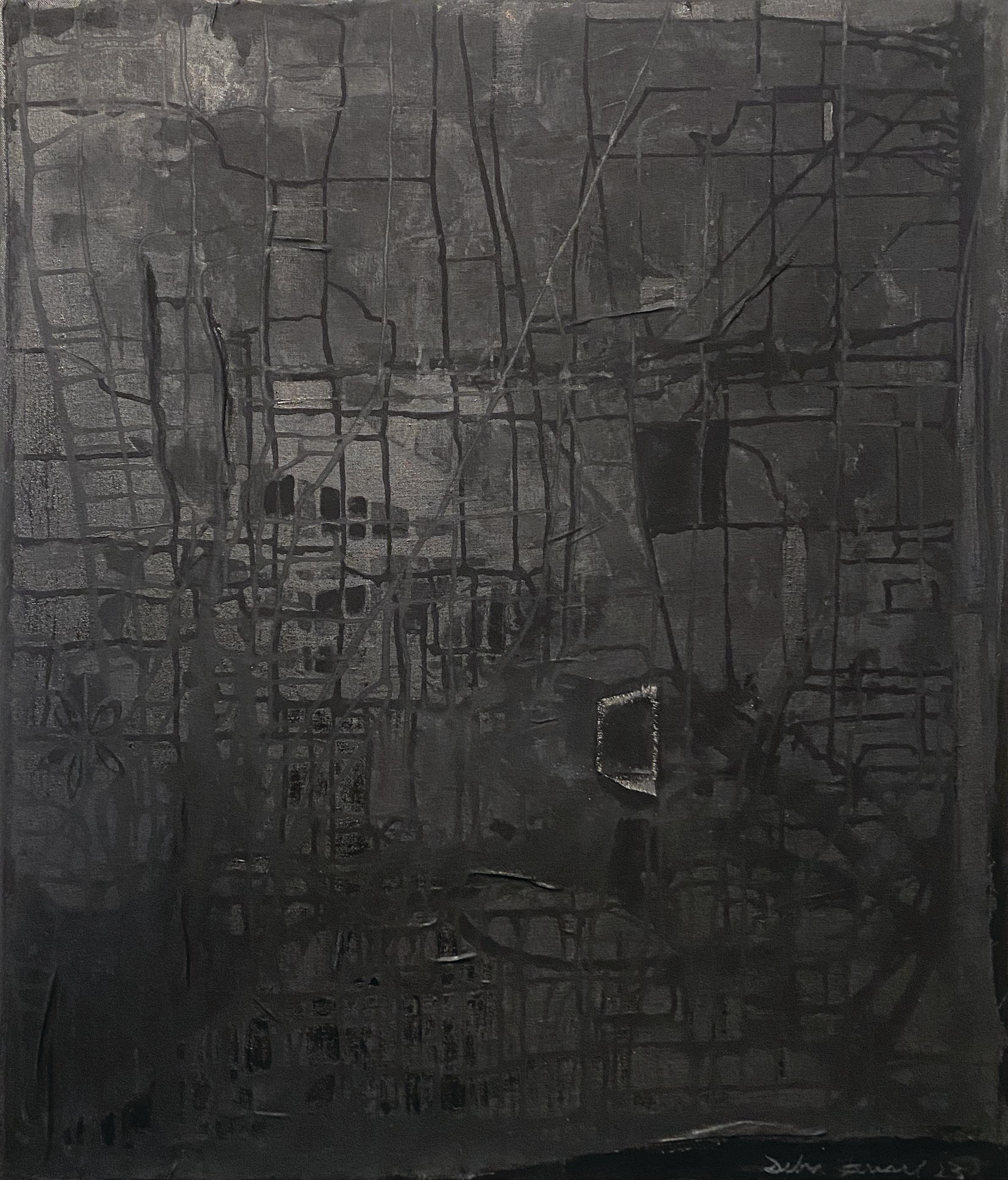 Linen 3  Black Abstract Textured Canvas Painting - Mixed Media Art by Debra Ferrari