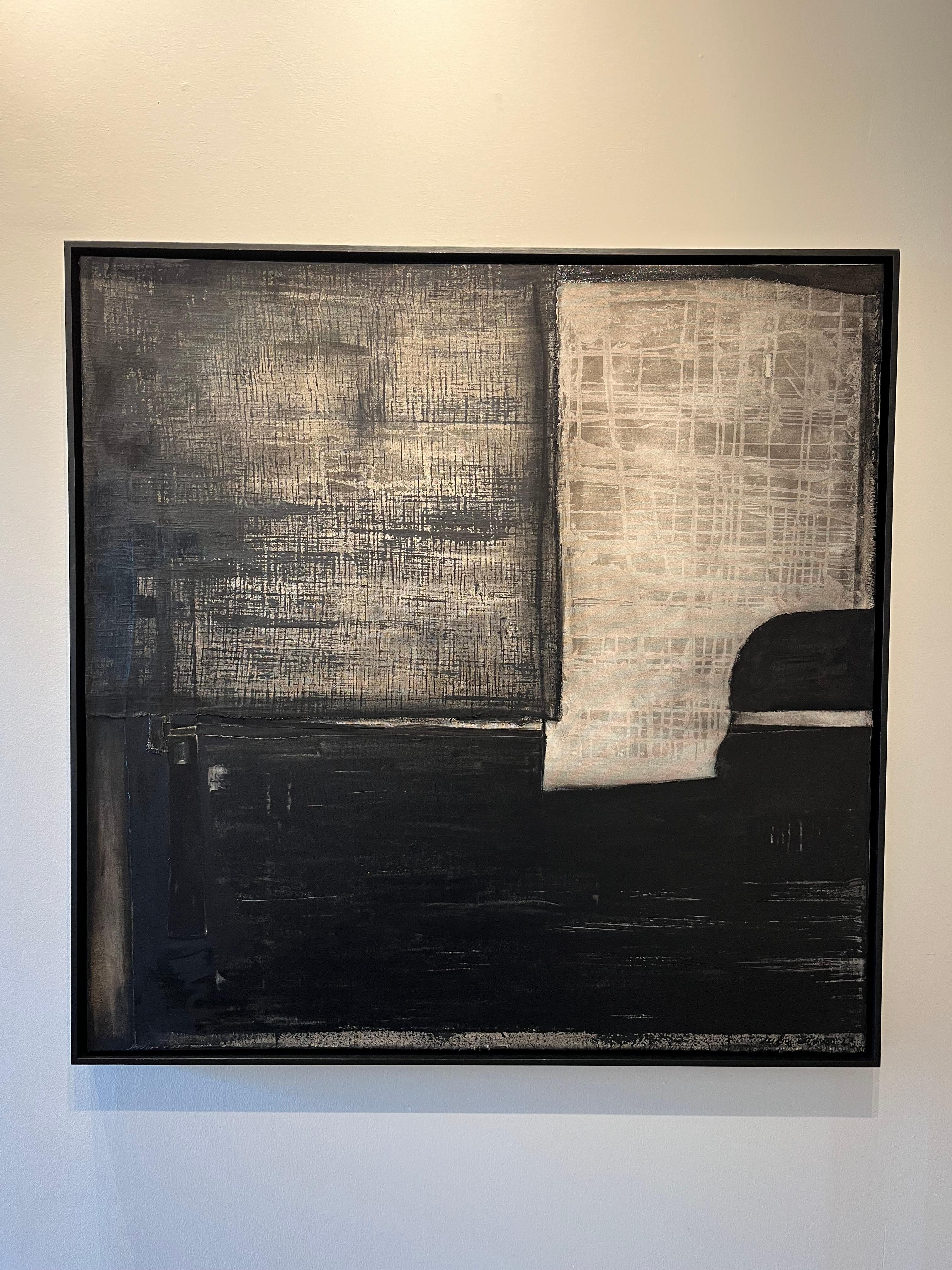  Nera 2 is a modern mixed media painting . 
I layered canvas and linen onto canvas with layers of black tones and finishes creating a textured painting in my favorite color. 