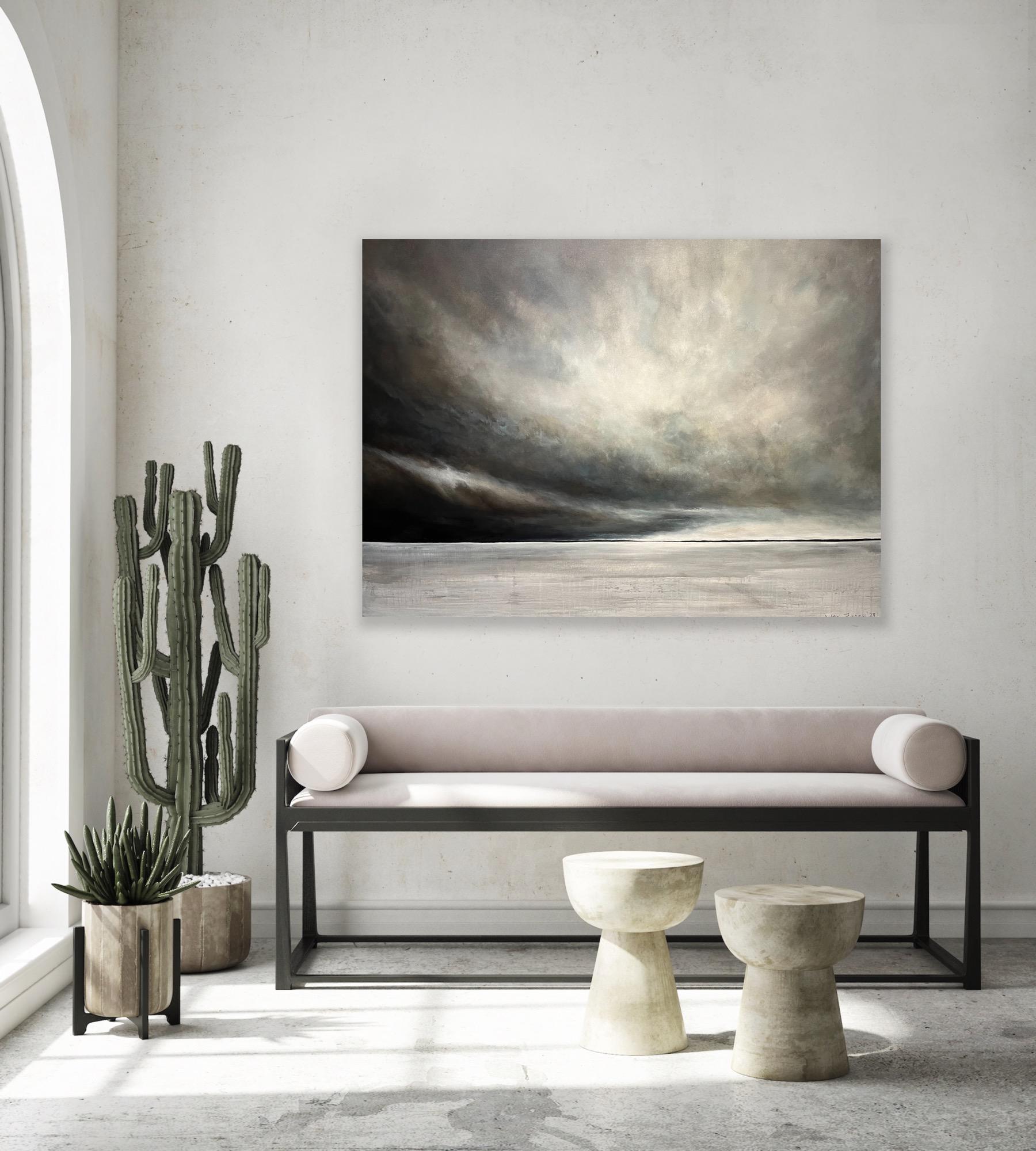 Tempest, a new contemporary painting capturing the raw energy and beauty of a stormy sky. Dominated by a palette of deep moody black and gray tones. Tempest invites you to contemplate the awe and power of the natural world.

