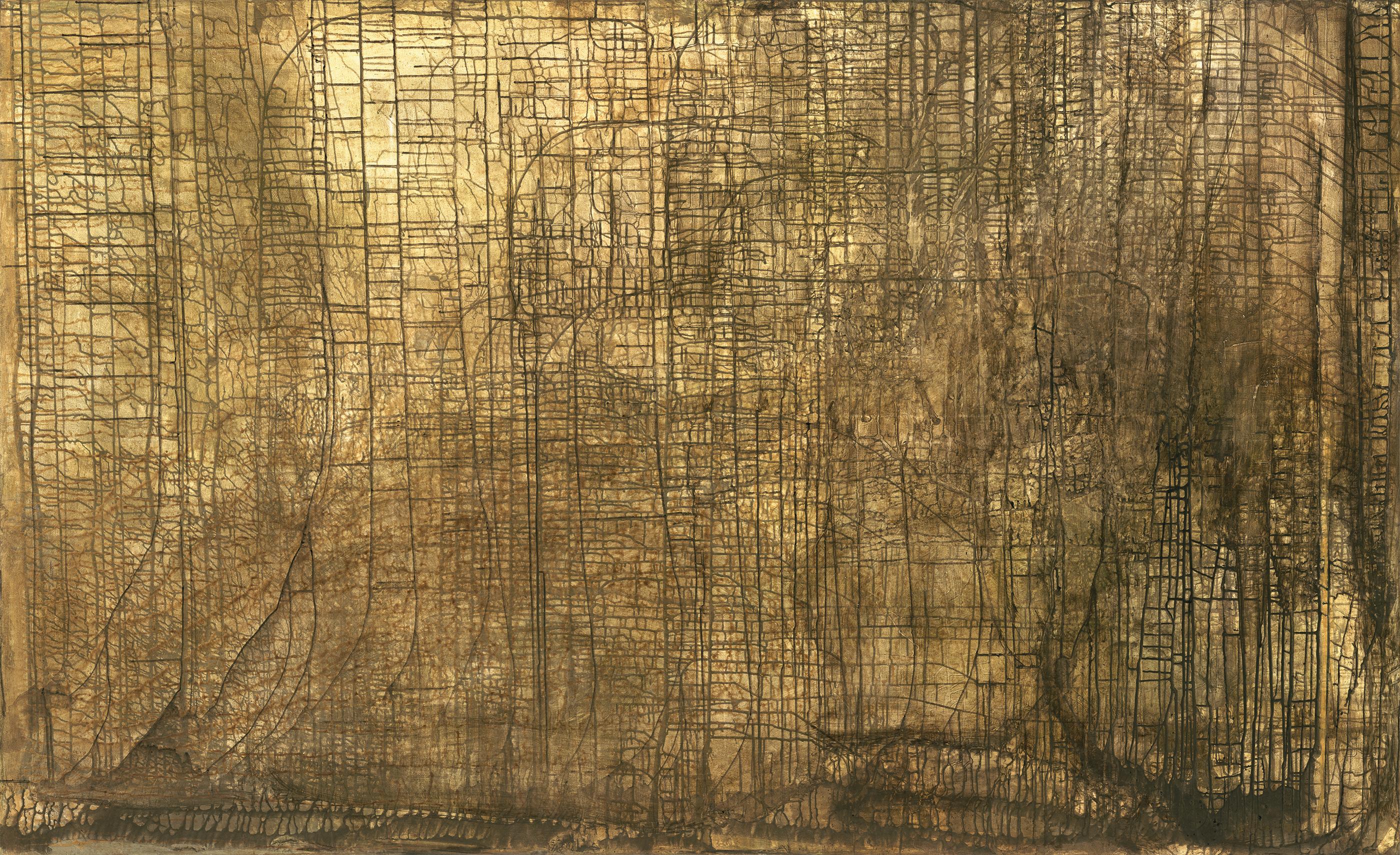 Zion 2 is a large scale new abstract canvas painting by Debra Ferrari with layers of soft beiges, browns, creamy yellows and a hint of deep forest green buried in the many multiple layers of acrylic paints. Inspired by the cliff formations and