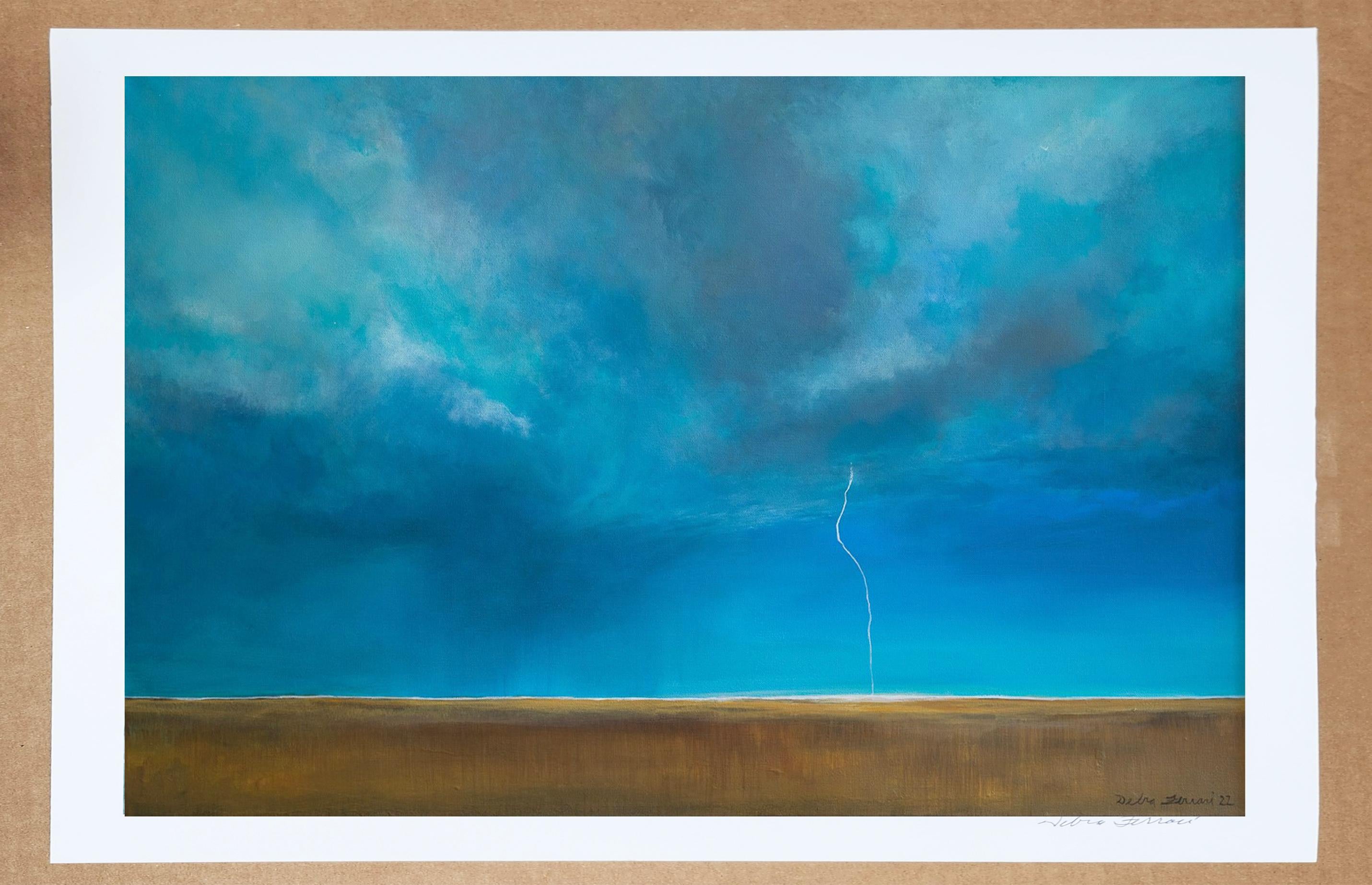 Storm 1 ist ein Druck in limitierter Auflage auf Papier, der von einem meiner Forces of Nature-Gemälde inspiriert wurde, das Gewitter und Sonnenuntergänge darstellt. Diese limitierte Auflage ist mit Archivierungspigmenten auf Baumwollpapier gedruckt