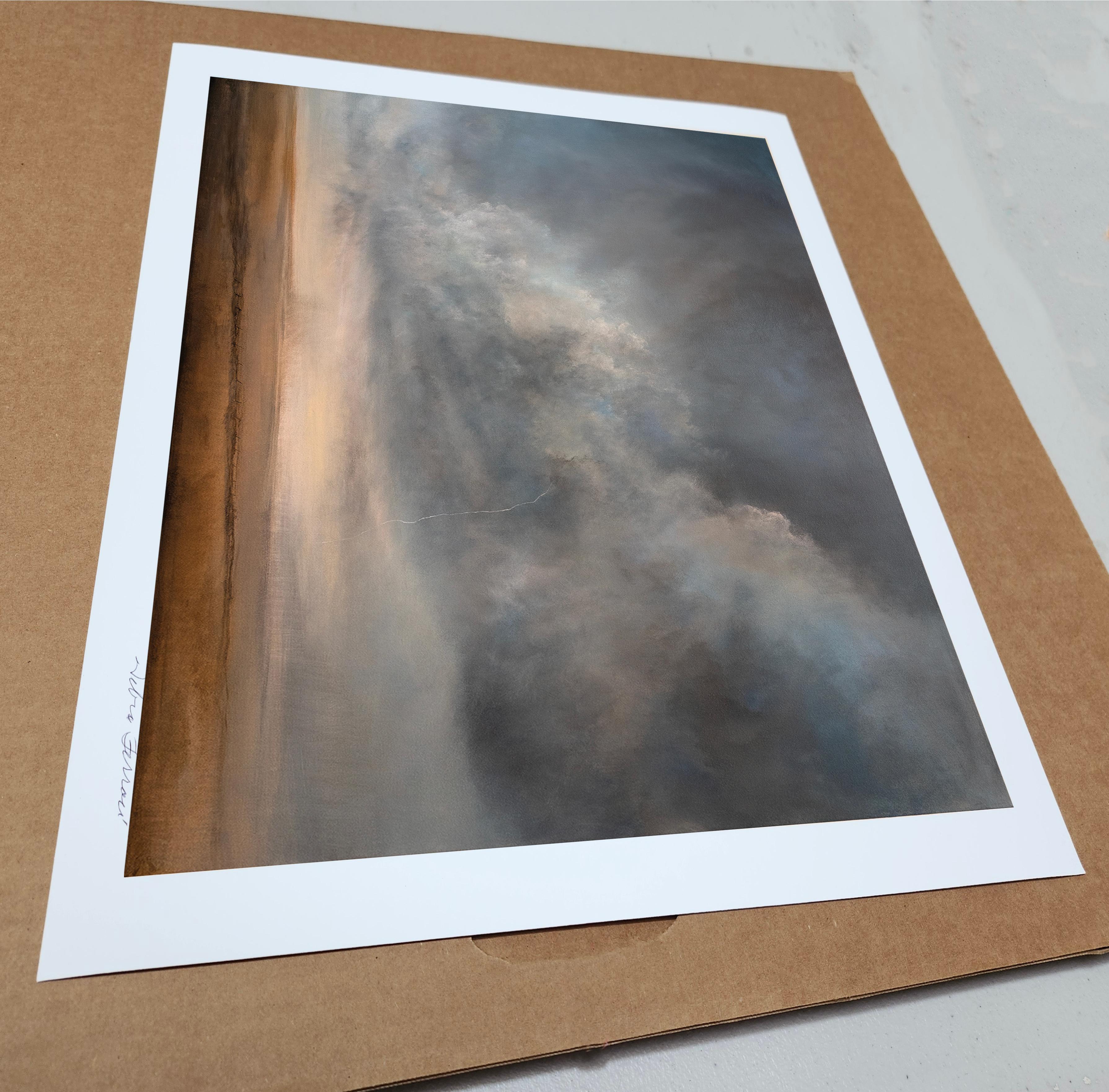 Storm 2 is a limited edition print on paper inspired by one of my Forces of Nature paintings that depict lightning storms and sunsets. This limited edition features archival pigment on cotton paper and includes a 2 inch white border around the art