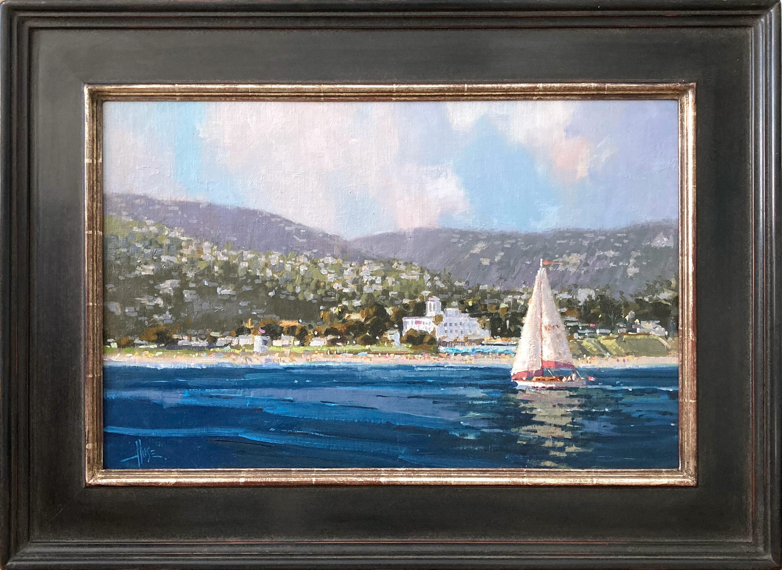 Debra Huse Landscape Painting – "Was für ein Tag für einen Tag Traum" Plein Air Segelboot w Küstenansichten Gemälde gerahmt