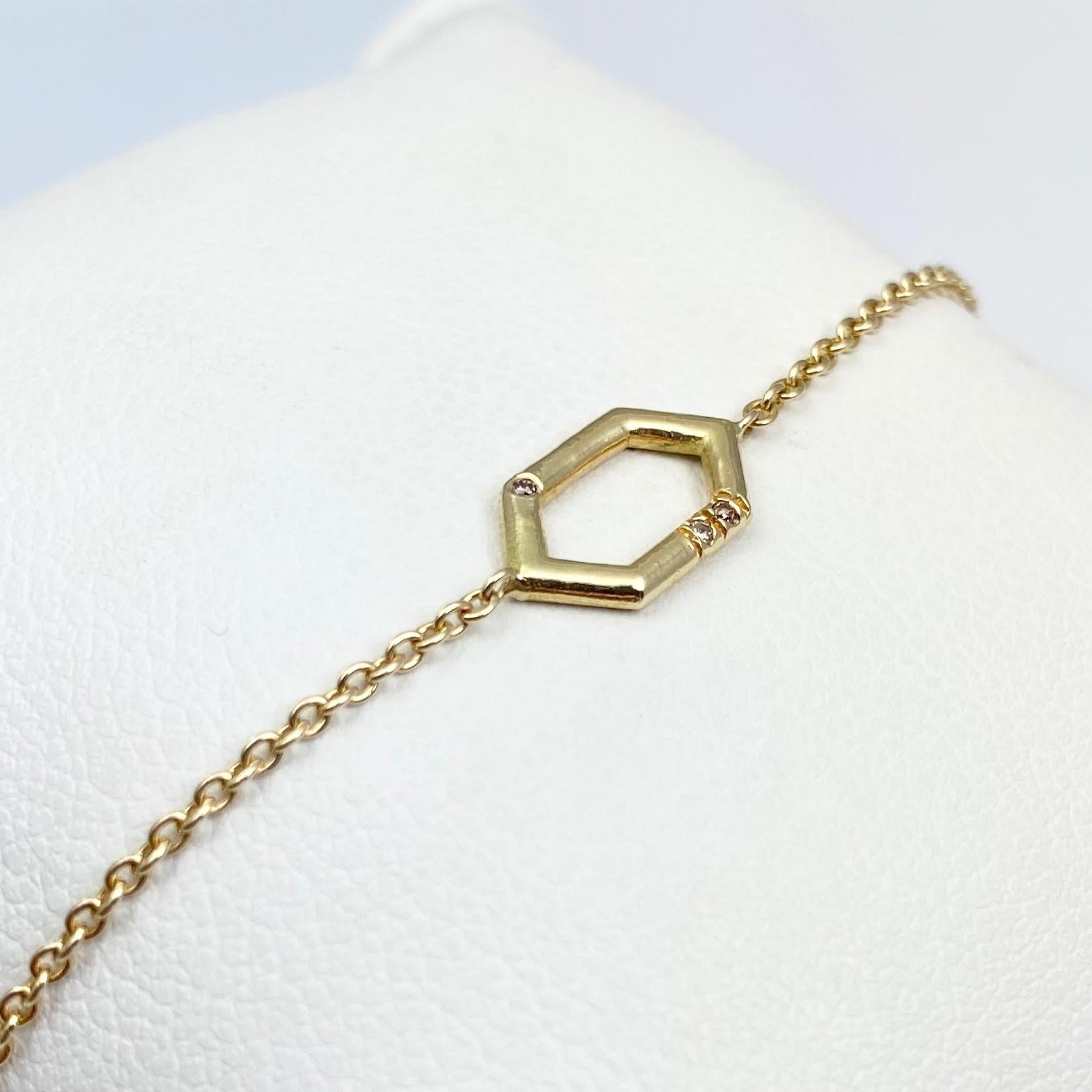 Round Cut Debra Navarro Diamond and 18 Karat Yellow Gold Hexagon Adjustable Bracelet For Sale