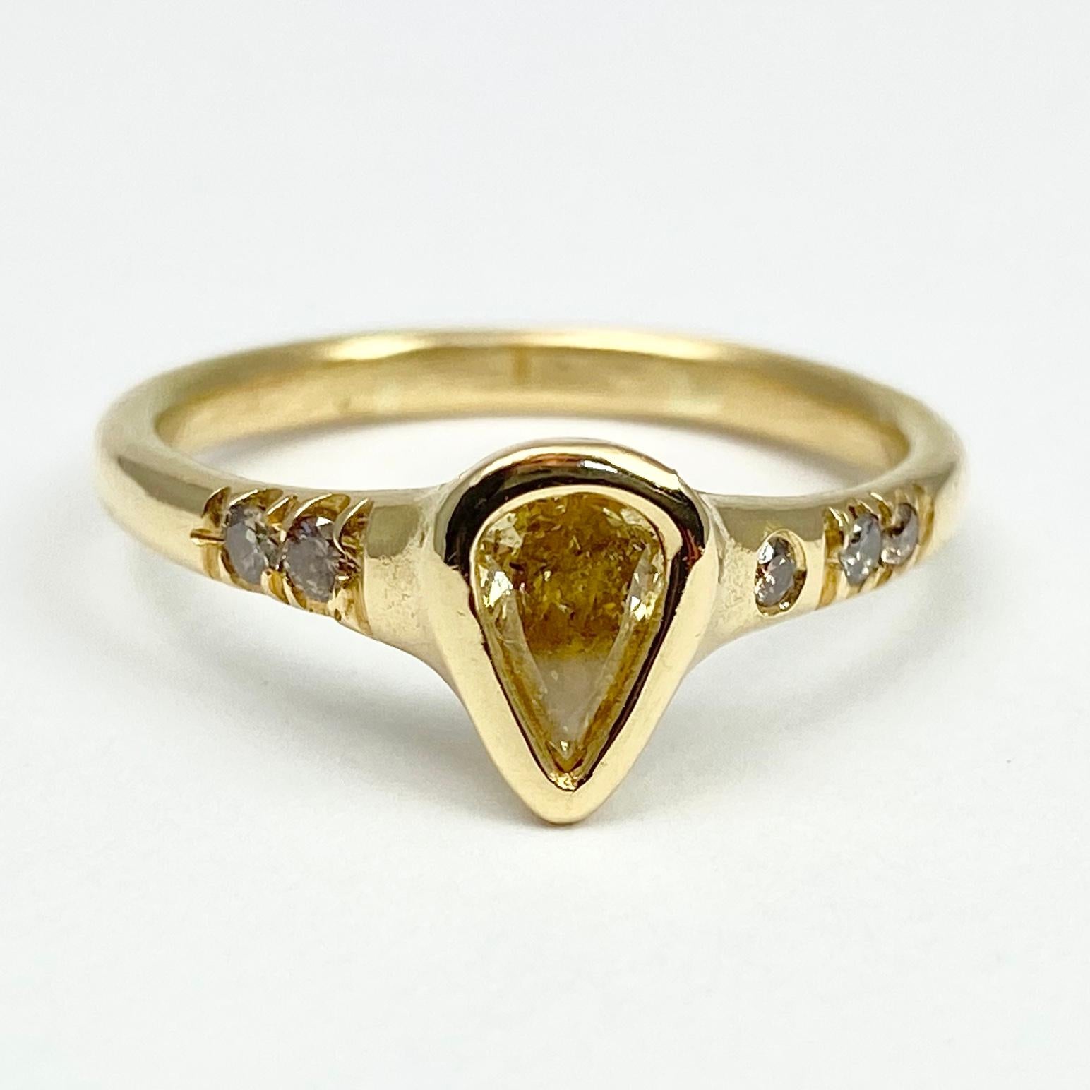 Artisan Debra Navarro Pear Yellow Diamond and 18 Karat Gold Solitaire Band Stack Ring For Sale