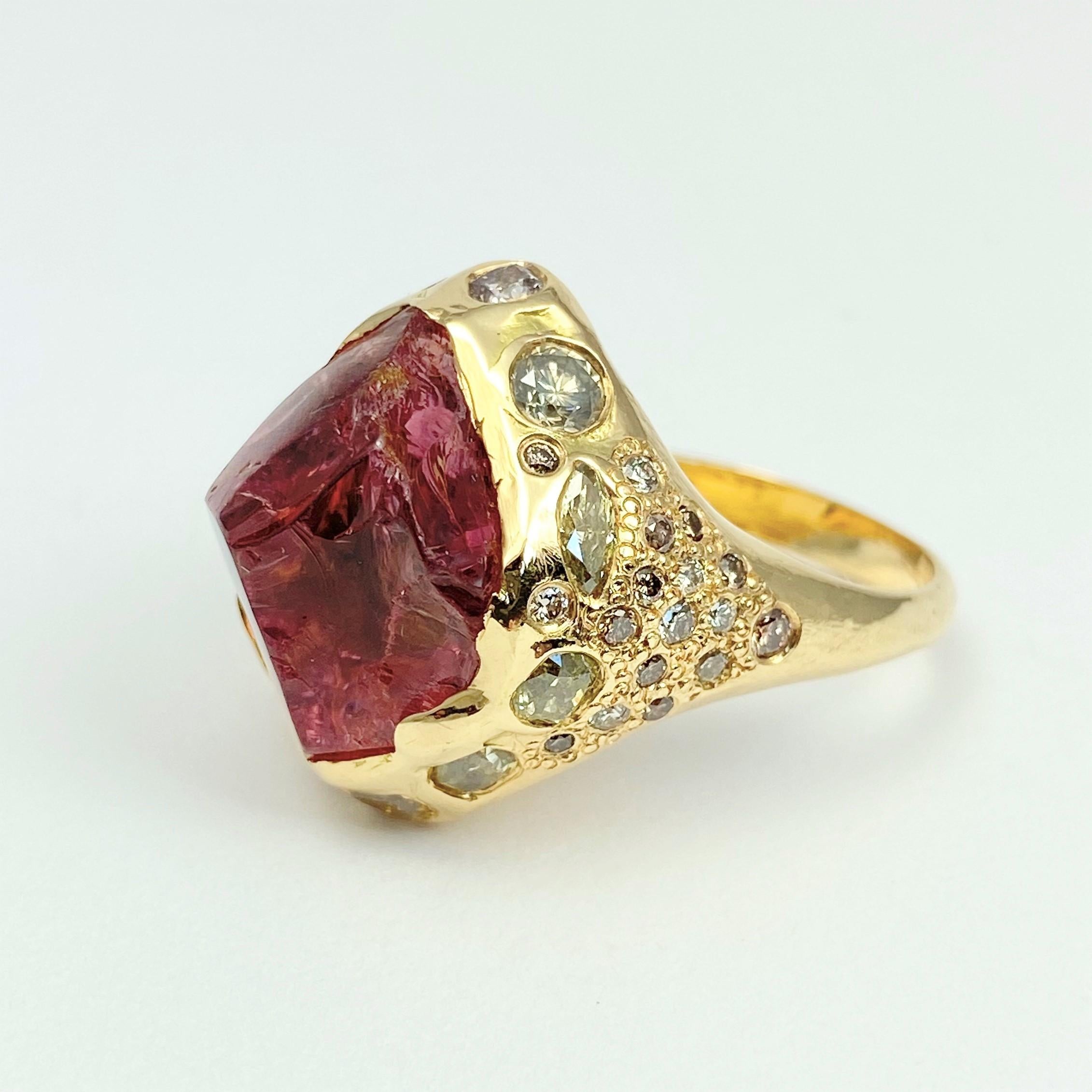 Artisan Debra Navarro Natural Pink Tourmaline and Diamond 18 Karat Gold Cocktail Ring